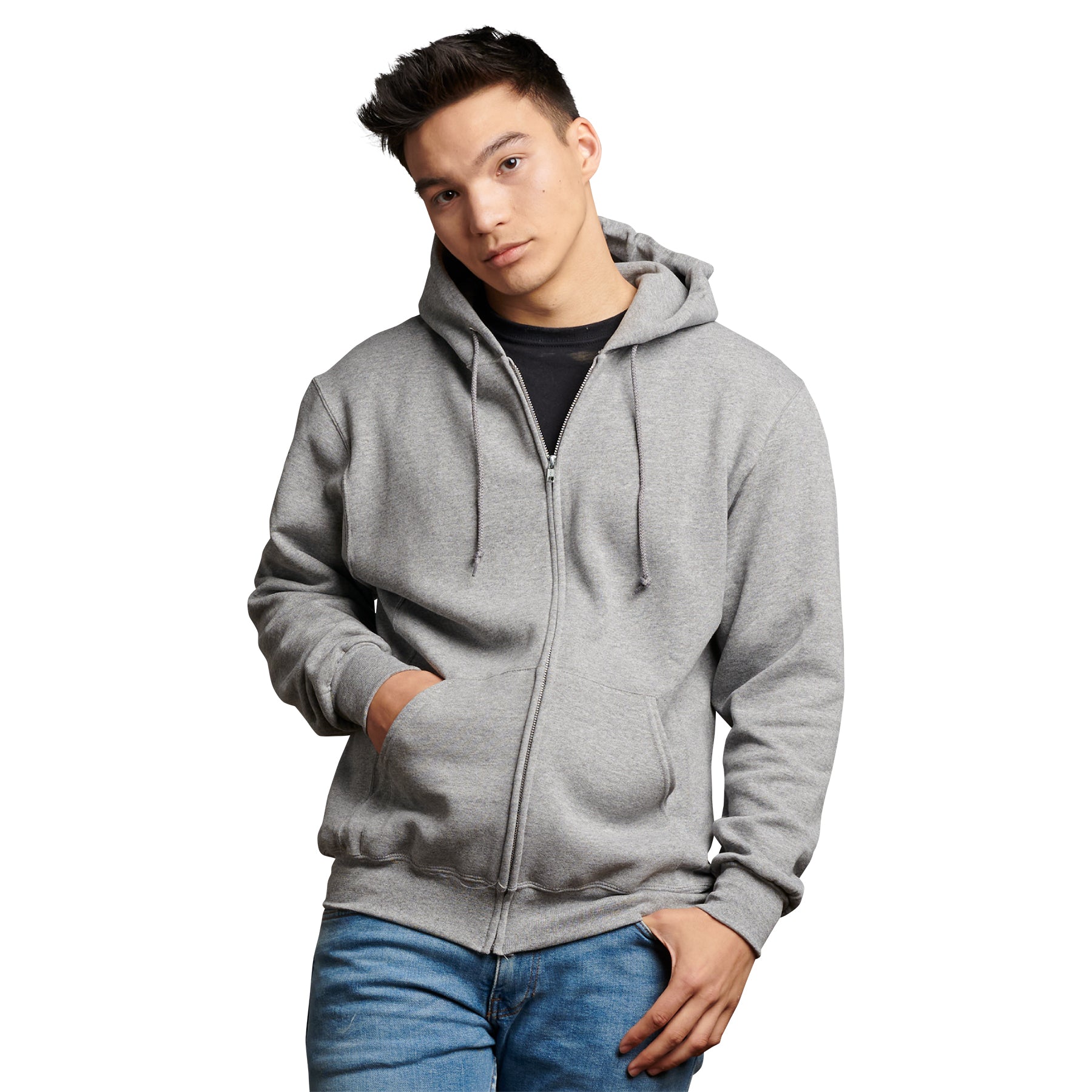 Russell Athletic DRI-POWER adult fleece full-zip hoodie in Oxford grey worn by a young man.