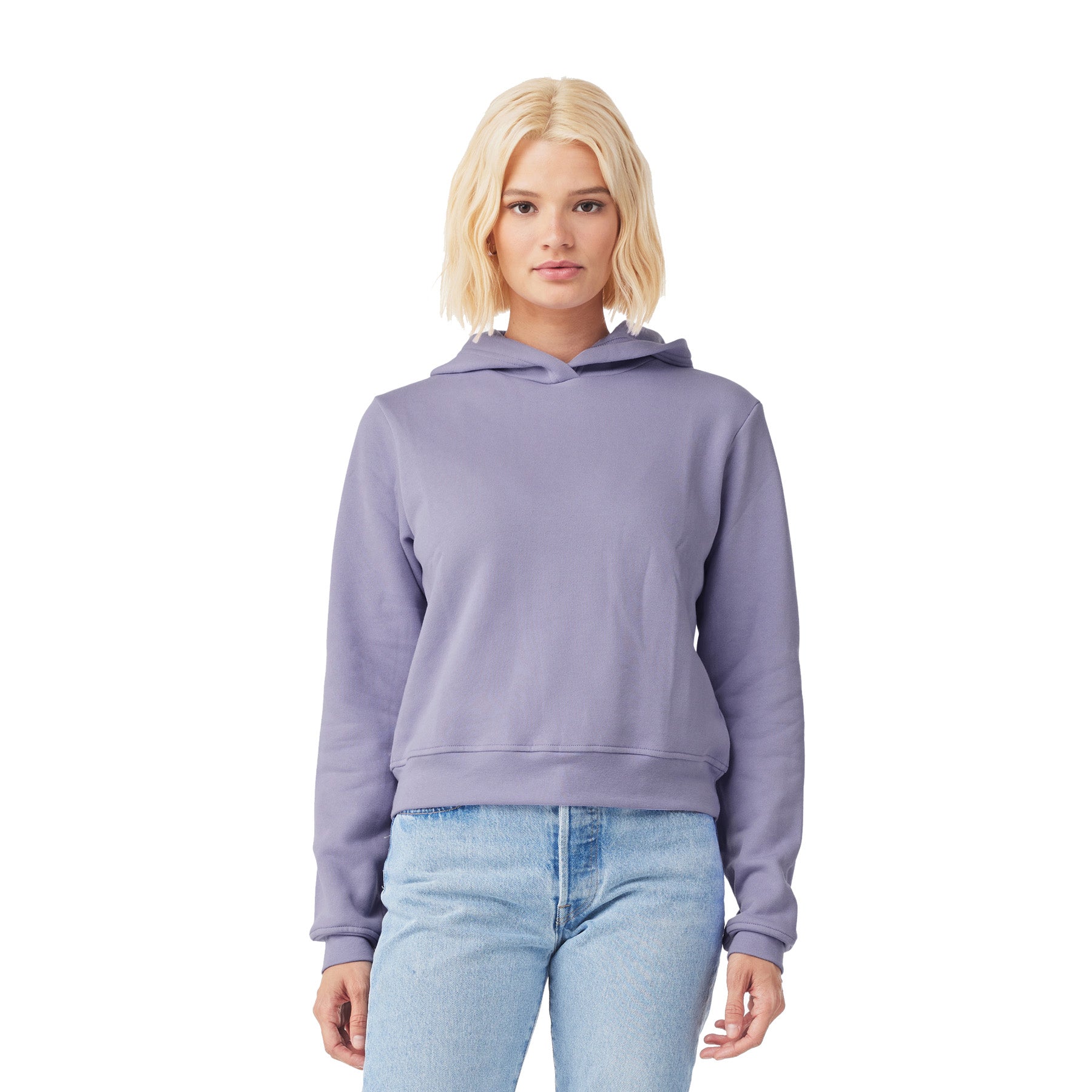Bella+Canvas Women's Classic Pullover Hoodie in dark lavender worn by a blonde model, front view.