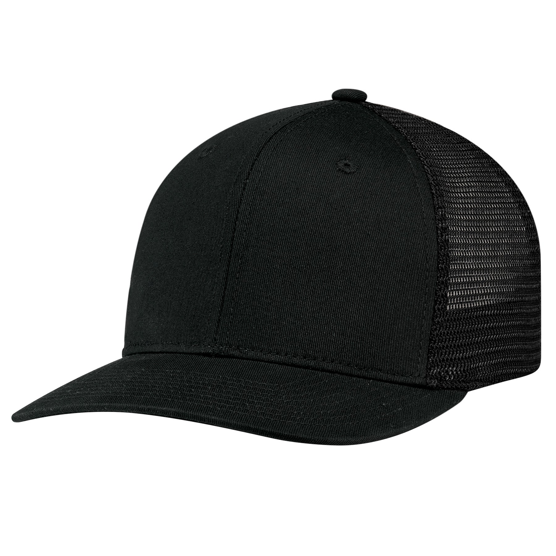 AJM Deluxe black 6-panel pro-round cap featuring chino twill front panels and a breathable flexible polyester mesh back.