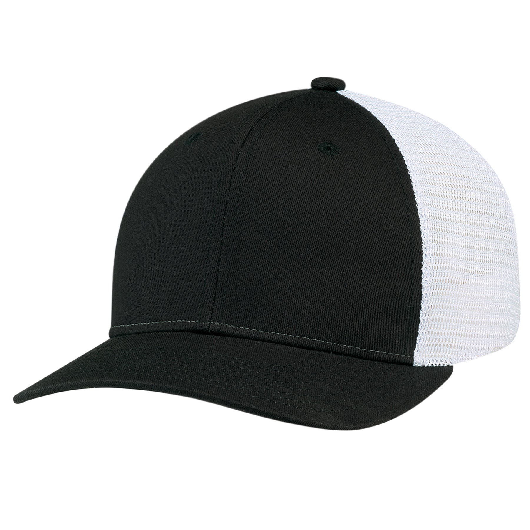 AJM Deluxe Chino Twill 6-panel pro-round cap in black and white with a flexible mesh back.