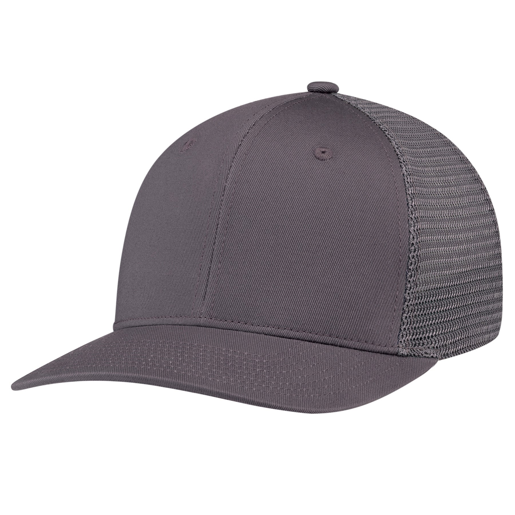 Charcoal AJM Deluxe Chino Twill and polyester mesh 6-panel pro-round constructed cap.