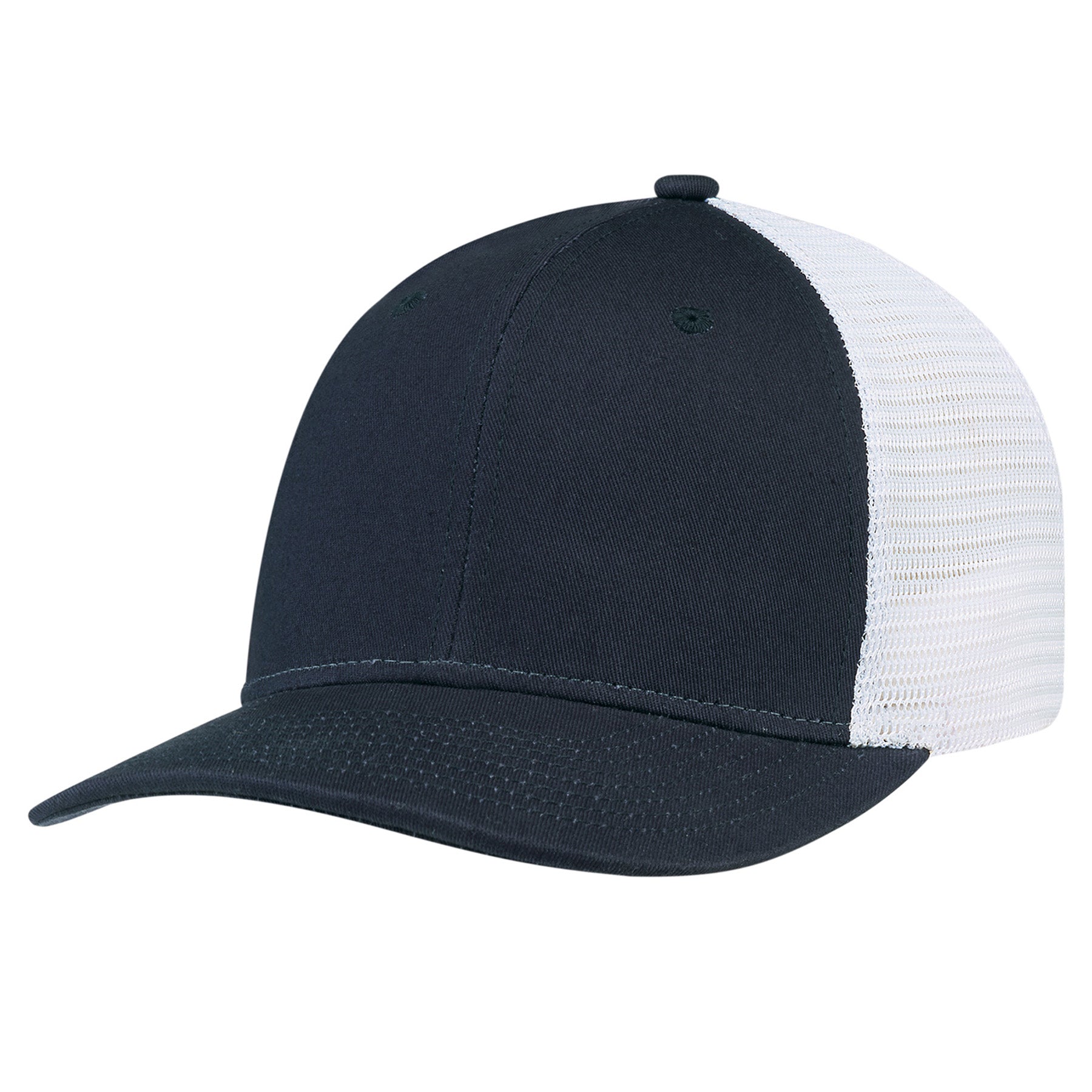 AJM Deluxe navy and white 6-panel pro-round constructed cap with chino twill front and breathable mesh back.