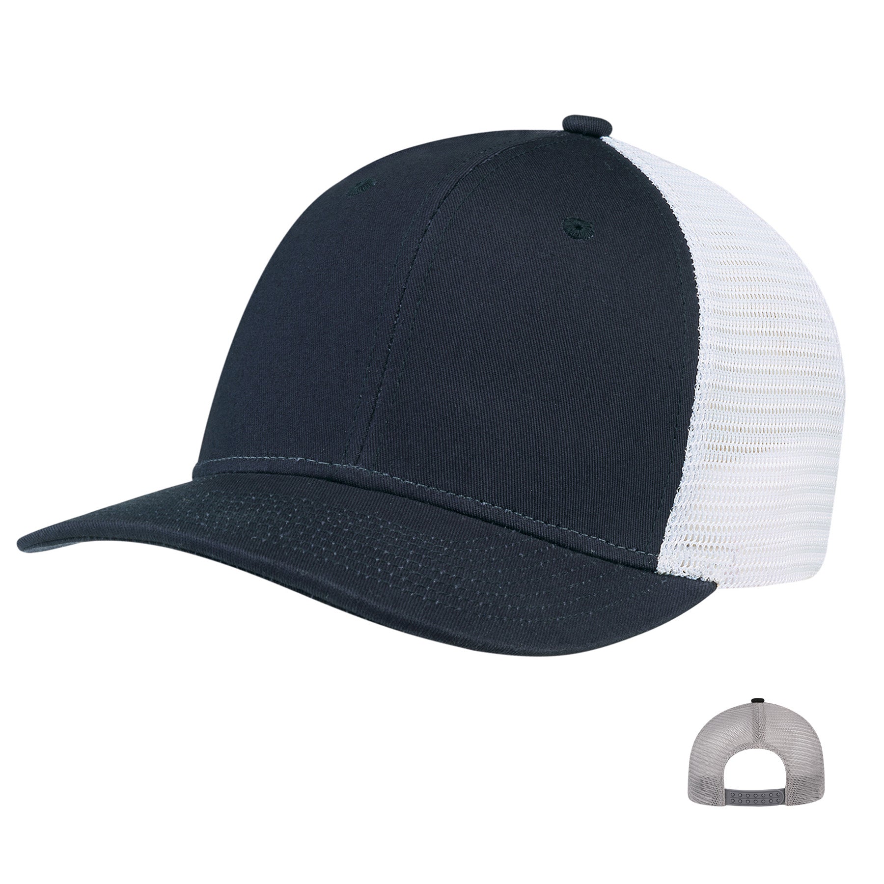 AJM Deluxe 6-panel pro-round cap in navy and white with a flexible mesh back and structured chino twill front.