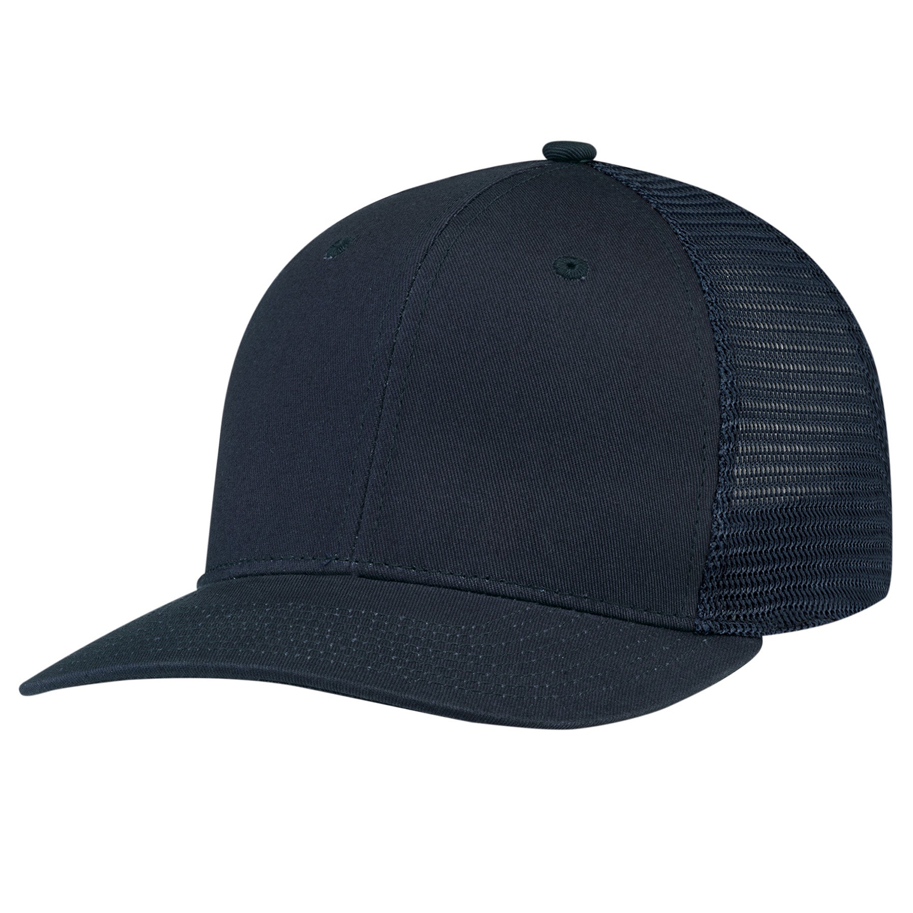 AJM Deluxe navy 6-panel pro-round cap featuring chino twill front panels and a breathable polyester mesh back.