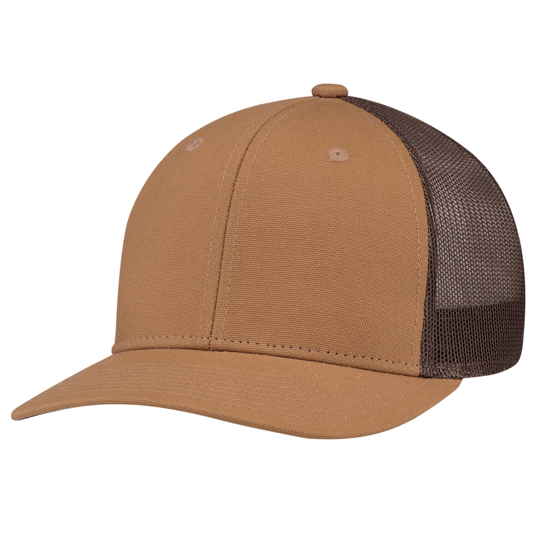 AJM 6-panel constructed pro-round cap in duck brown and brown with a mesh back.