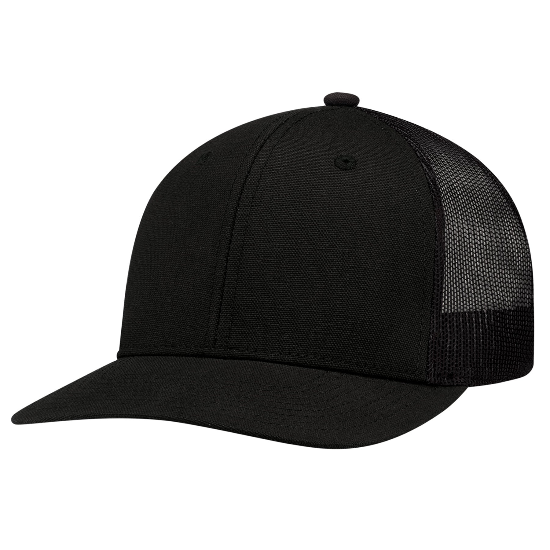 AJM 6-panel constructed pro-round hat in black duck canvas with a matching black polyester mesh back.