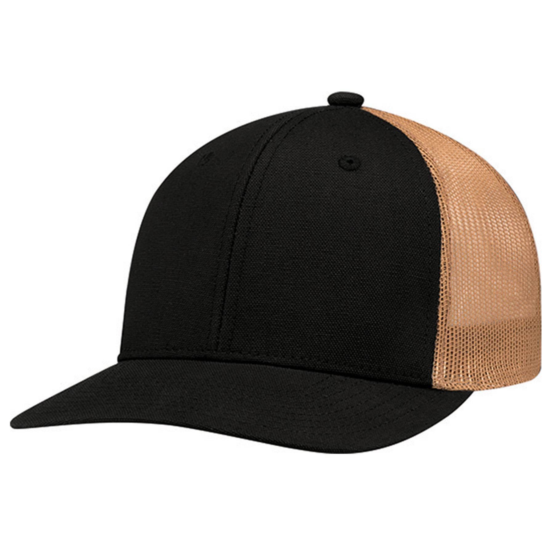 AJM Duck Canvas and Polyester Mesh 6-panel pro-round cap in black and duck brown.