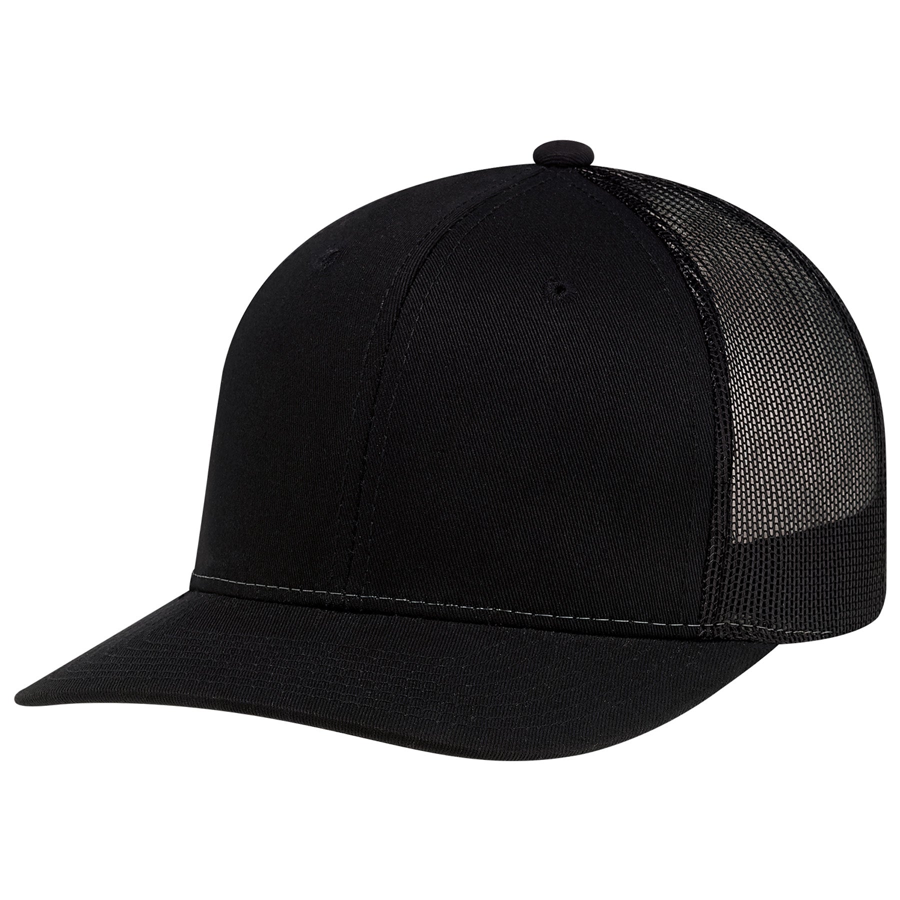AJM Deluxe black 6-panel constructed pro-round cap with a breathable polyester mesh back.