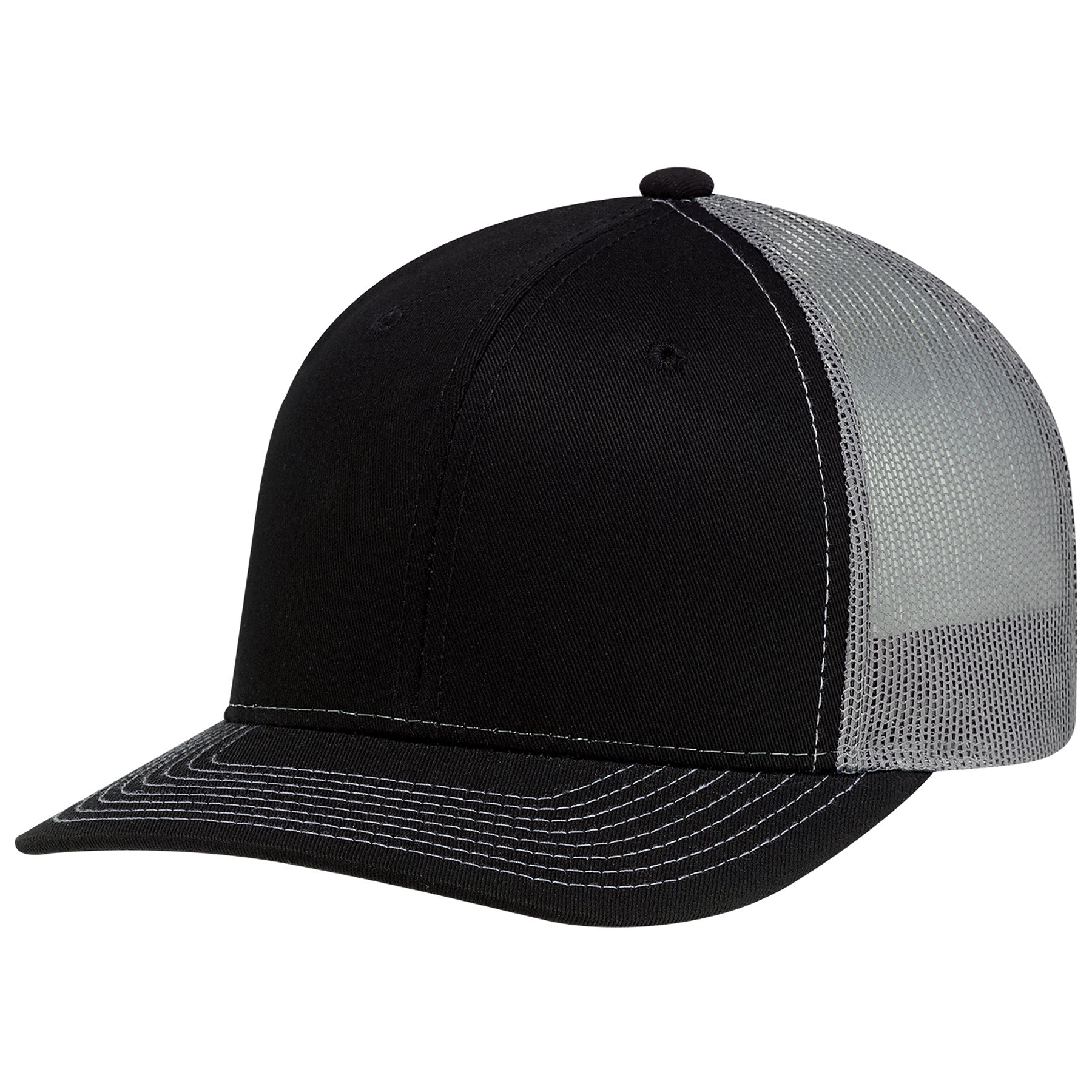 AJM Deluxe 6-panel pro-round structured cap in black and slate with a chino twill front and breathable polyester mesh back.