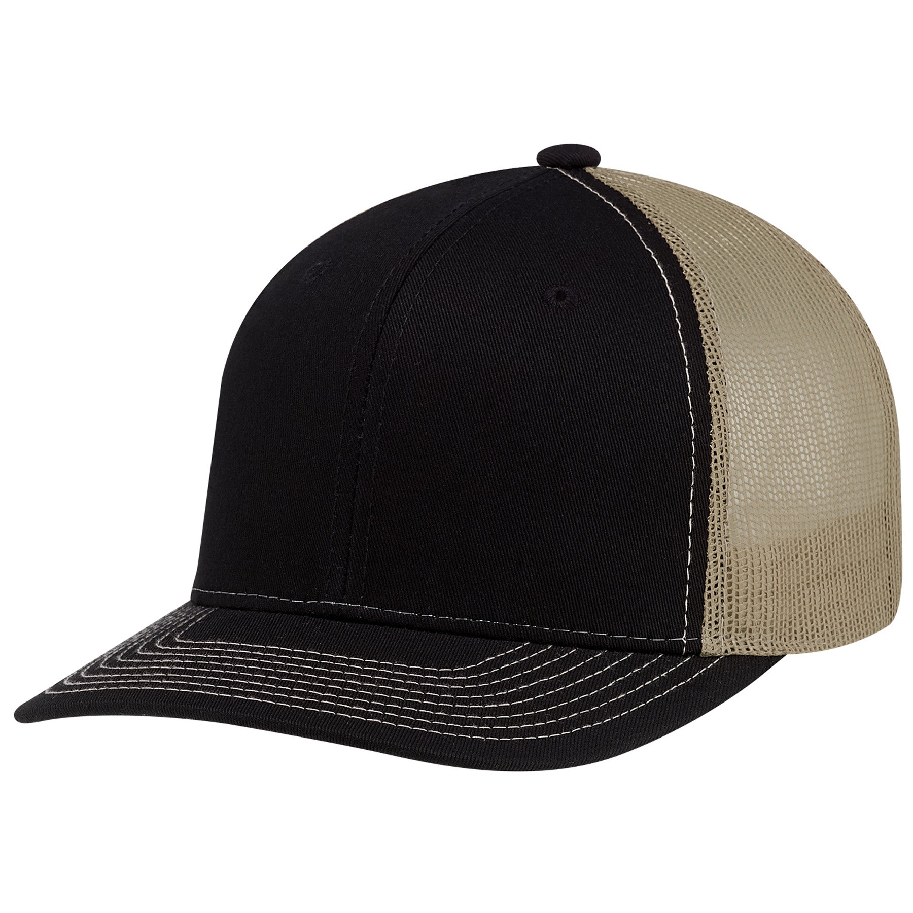 AJM Deluxe 6-panel pro-round trucker hat in black and tan with a structured chino twill front and mesh back.