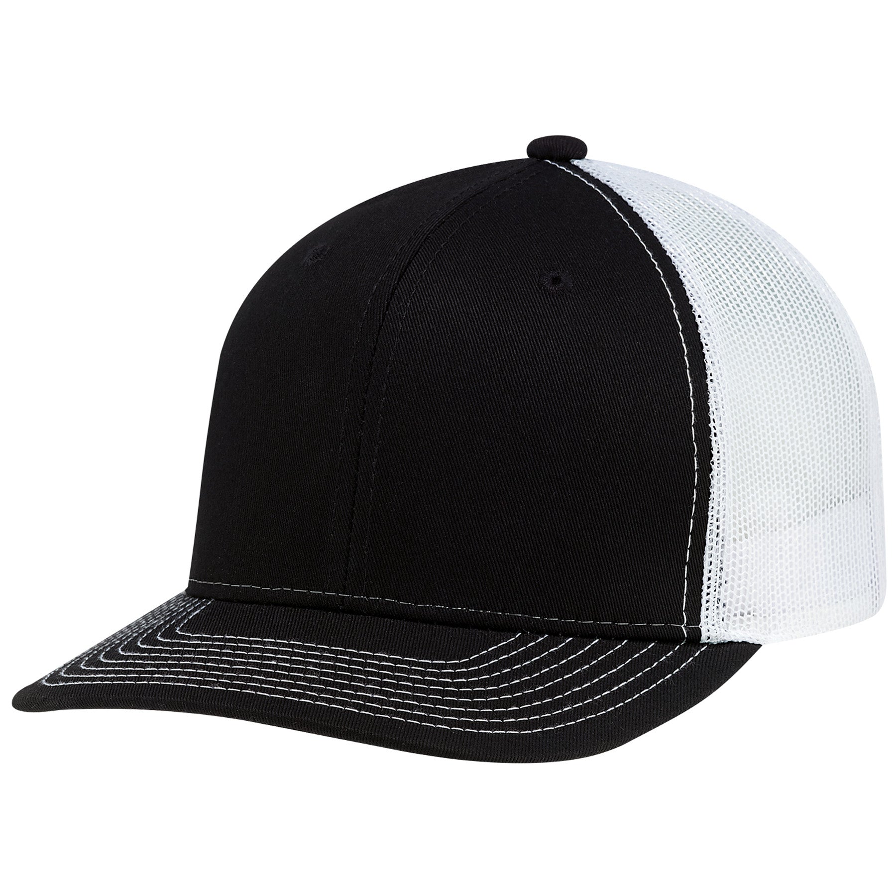 AJM Deluxe 6-panel pro-round cap featuring a black chino twill front, white mesh back, and contrast stitching.