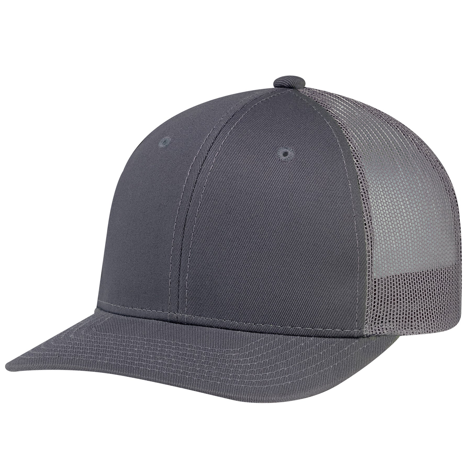 AJM Deluxe charcoal chino twill and polyester mesh back 6-panel pro-round cap.