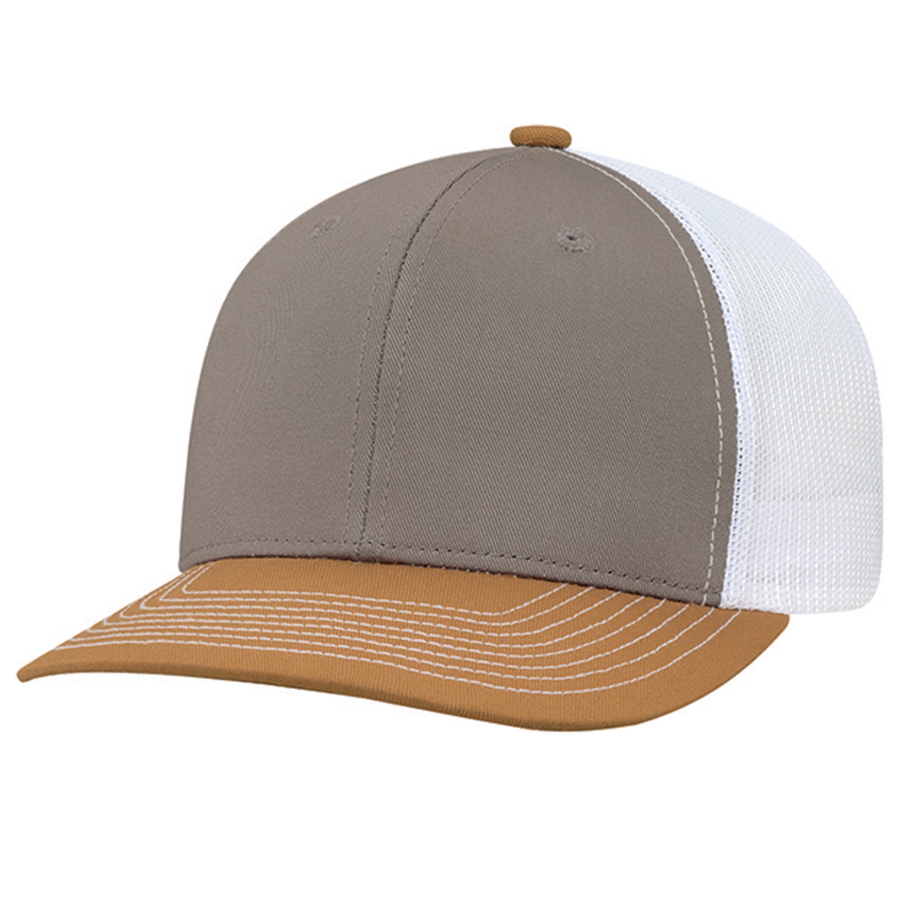 AJM Deluxe 6-panel pro-round cap in Duck Brown, Slate, and White featuring a chino twill front and mesh back.