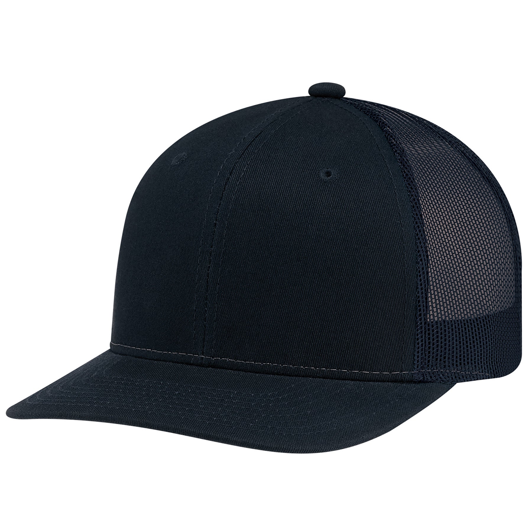 AJM Deluxe Chino Twill 6-panel pro-round trucker hat in navy with a matching mesh back.