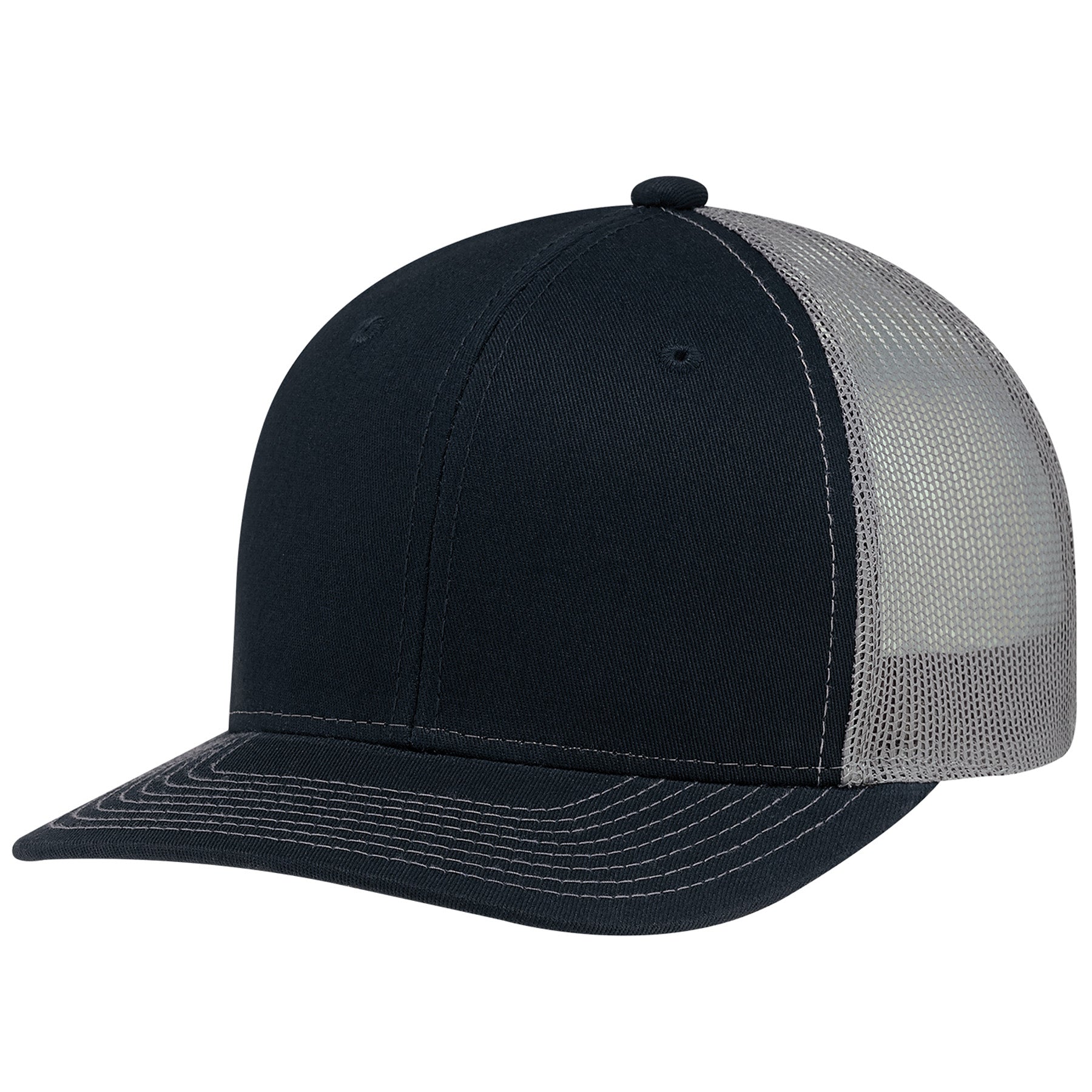 AJM 6-panel pro-round cap in navy and slate with chino twill front and breathable mesh back.