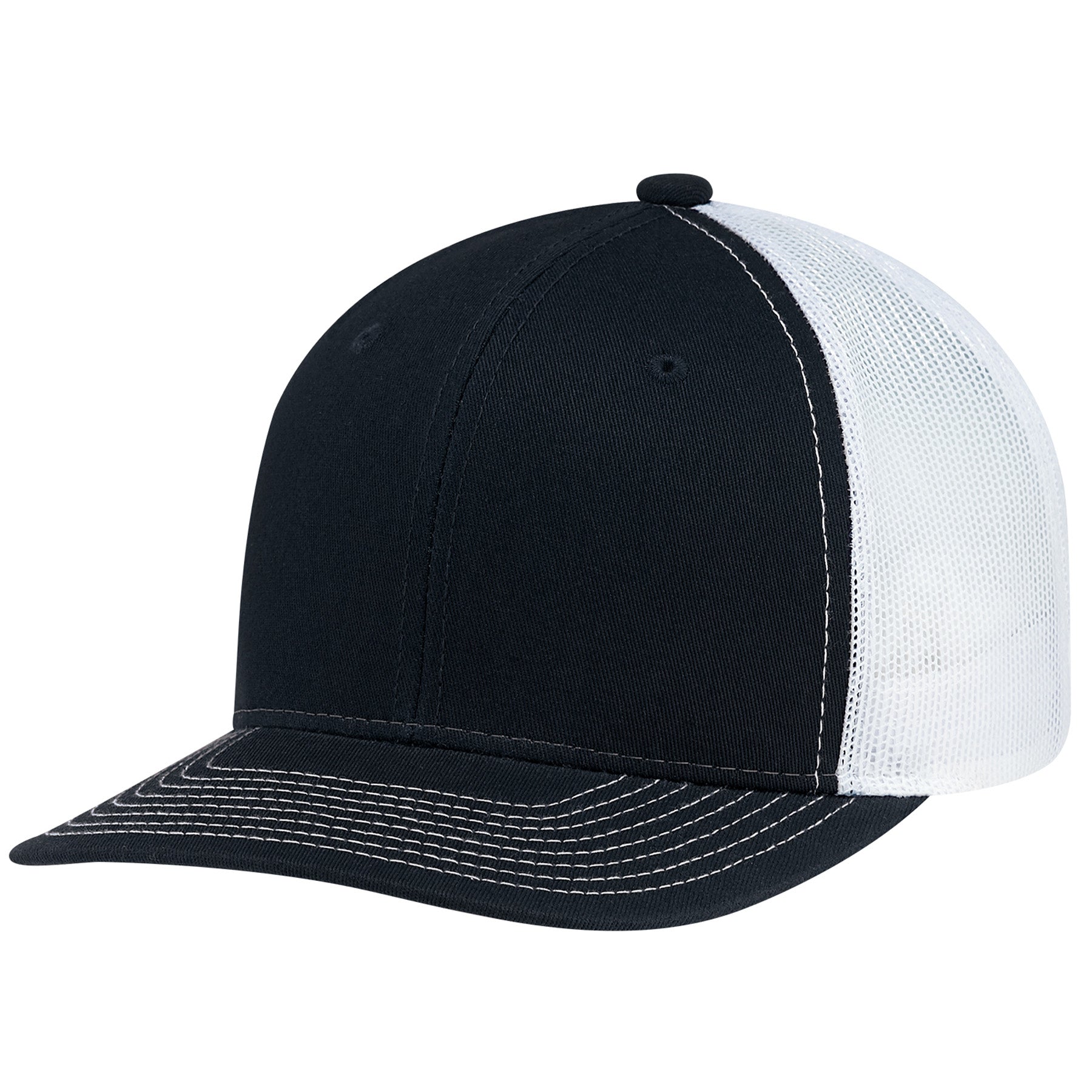 AJM Deluxe Chino Twill 6-panel pro-round cap in navy and white with a polyester mesh back.