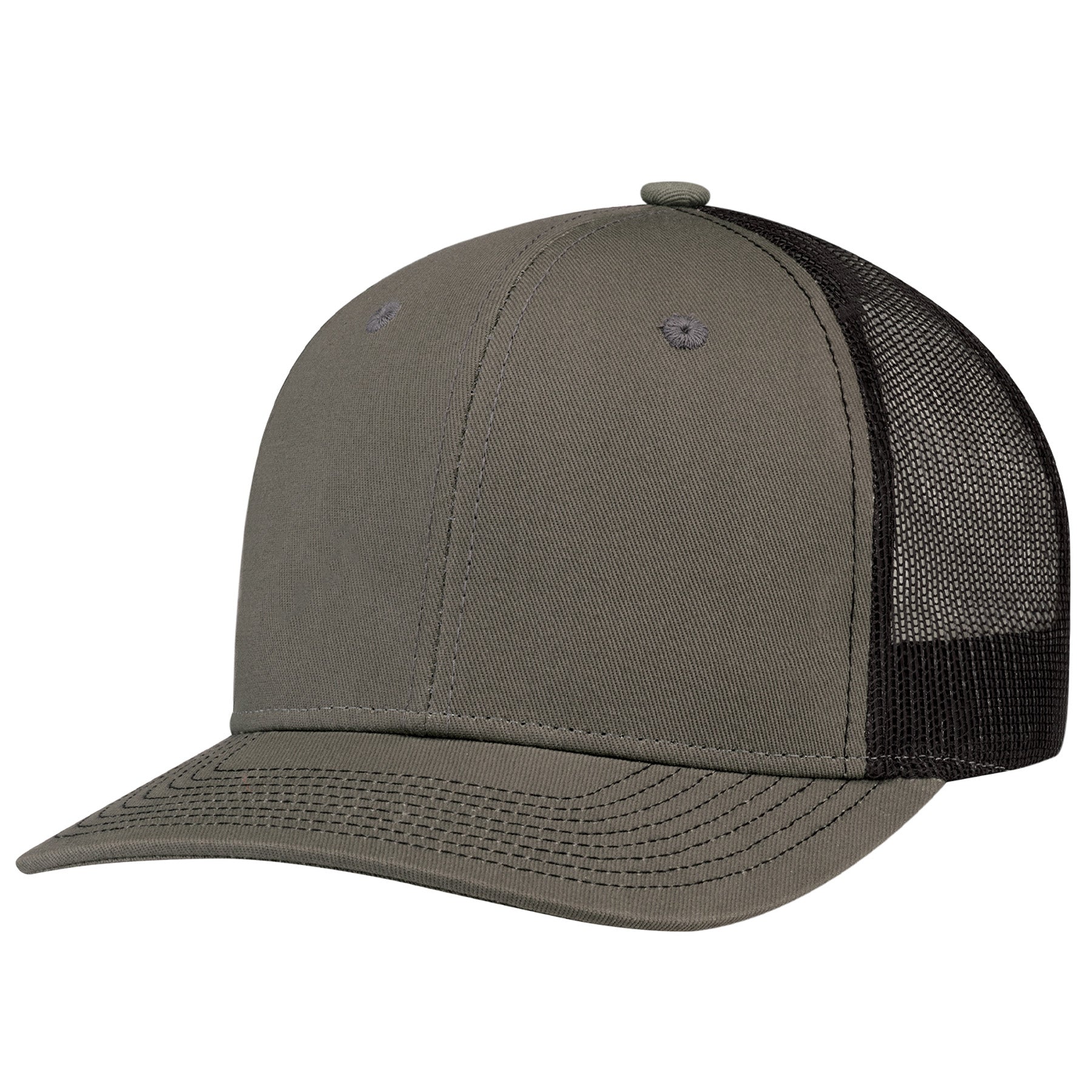 AJM Deluxe 6-panel pro-round cap in olive chino twill with a black polyester mesh back.