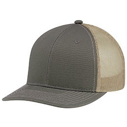 AJM Deluxe 6-panel constructed pro-round hat in olive and tan with a polyester mesh back.