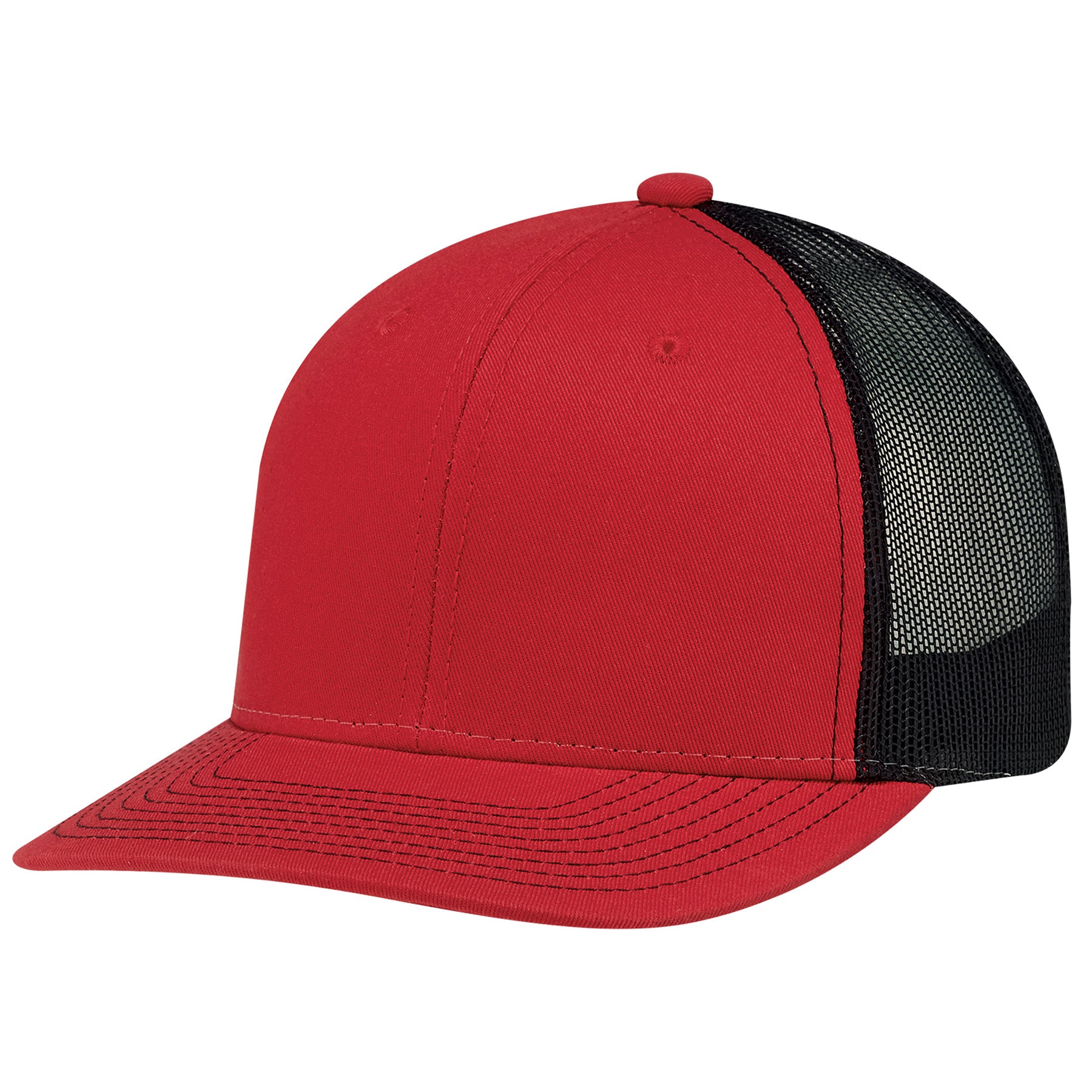 AJM Deluxe 6-panel pro-round cap in red and black with a structured chino twill front and breathable mesh back.