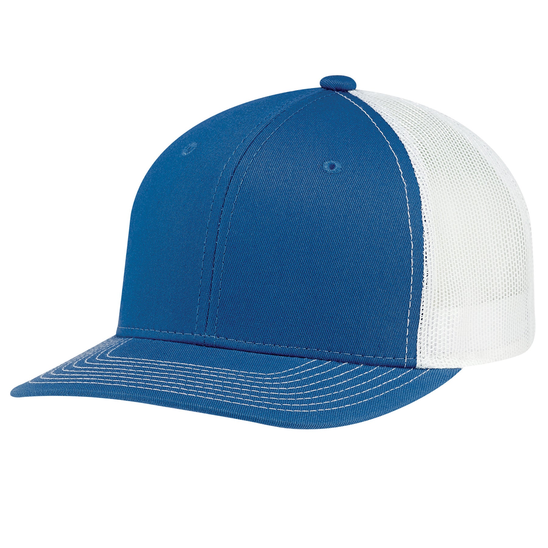 AJM Deluxe Chino Twill and Polyester Mesh 6-panel pro-round cap in royal blue and white.