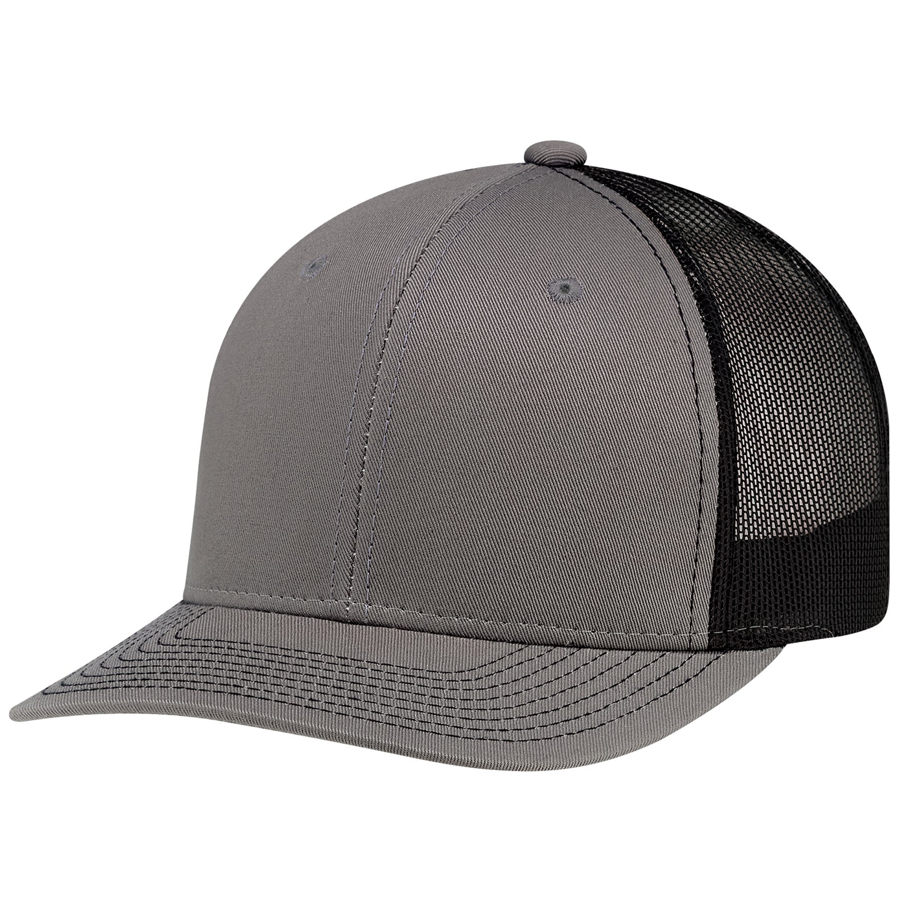 AJM deluxe chino twill and polyester mesh 6-panel pro-round cap in slate and black.