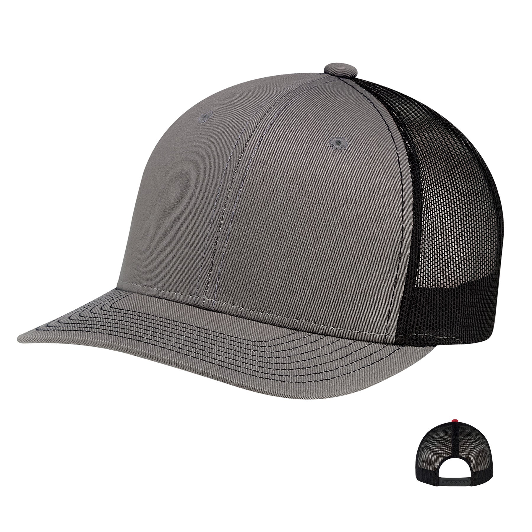 AJM Deluxe 6-panel pro-round cap in slate and black with a polyester mesh back and twill front.