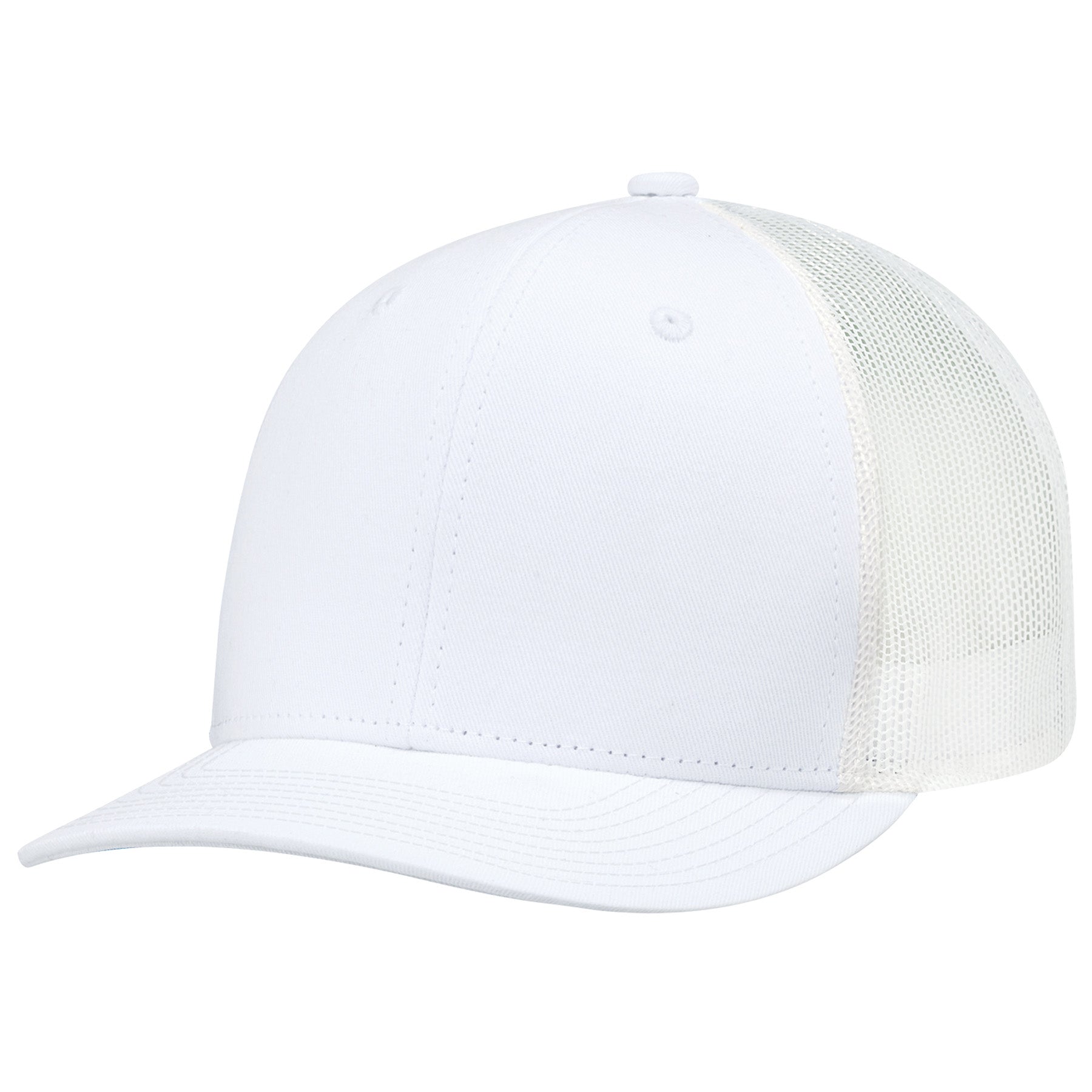AJM Deluxe white 6-panel constructed pro-round hat with a matching white polyester mesh back.