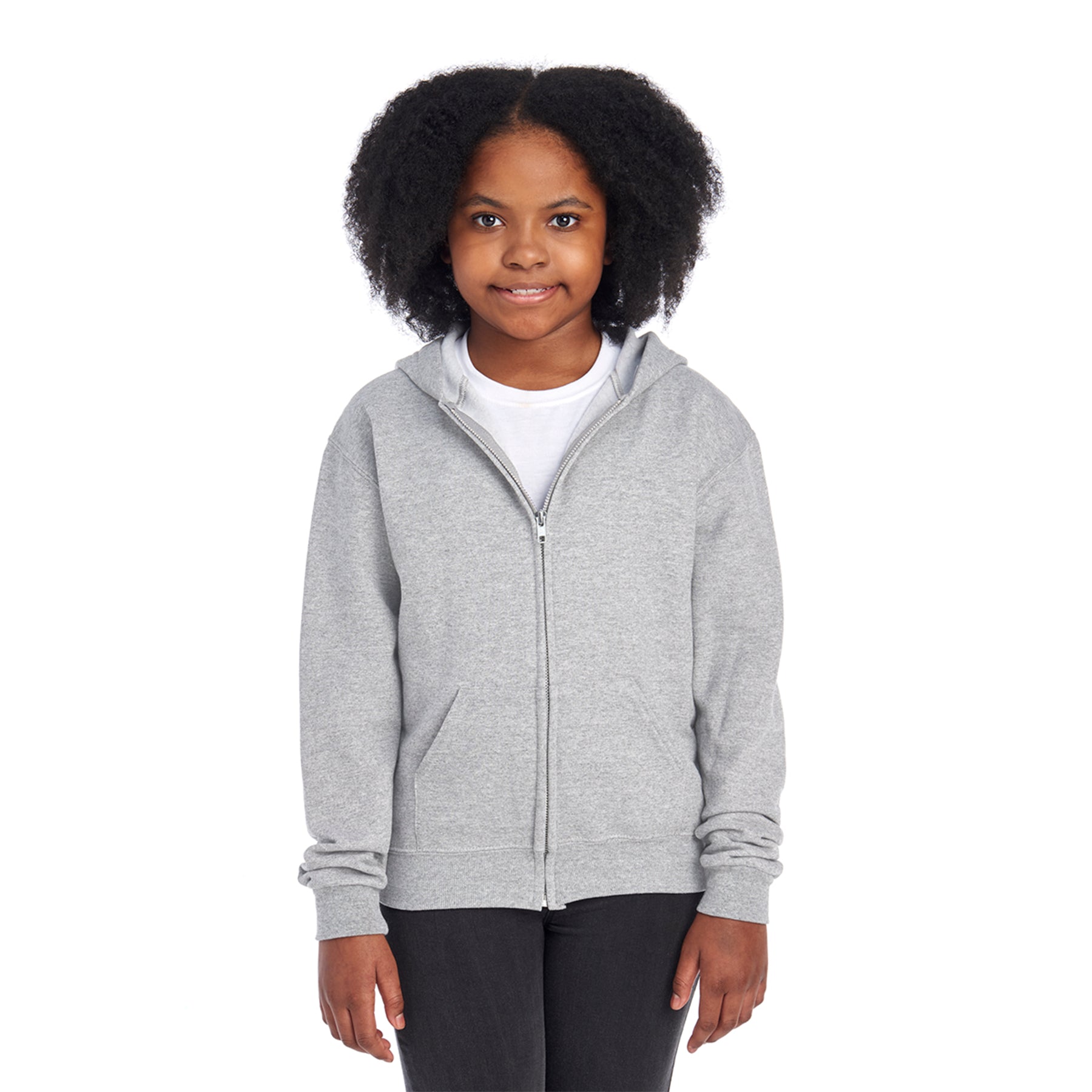 Youth girl wearing a Jerzees NuBlend full-zip hooded sweatshirt in Oxford gray over a white t-shirt.