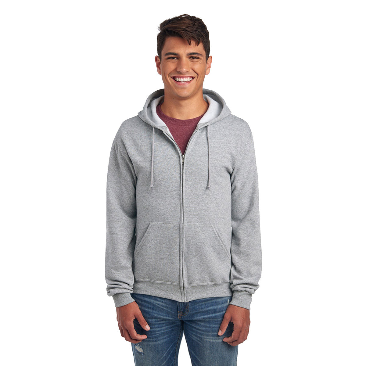 Man wearing an athletic heather Jerzees NuBlend Unisex Full-Zip Hooded Sweatshirt.