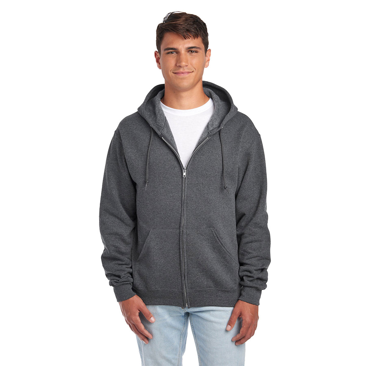 Model wearing a Jerzees NuBlend Unisex Full-Zip Hooded Sweatshirt in Black Heather against a white background.