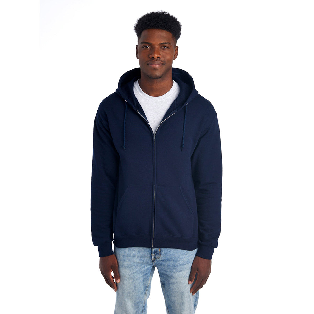 Man wearing a Jerzees NuBlend Unisex Full-Zip Hooded Sweatshirt in J. Navy.