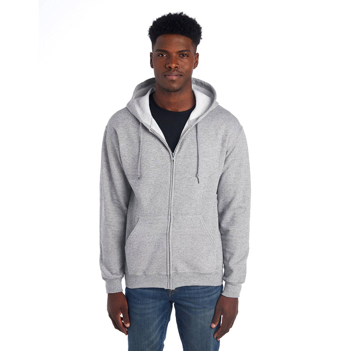 Man wearing a gray Oxford Jerzees NuBlend Unisex Full-Zip Hooded Sweatshirt against a white background.