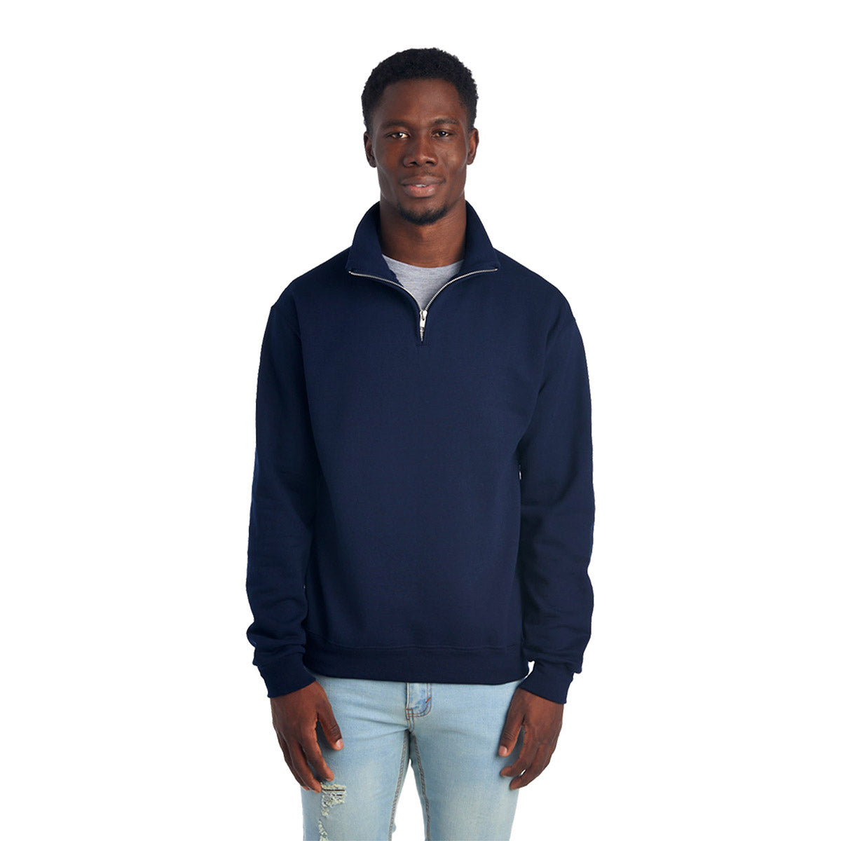 Model wearing a Jerzees NuBlend® Unisex Quarter-Zip Cadet Collar Sweatshirt in J. Navy.