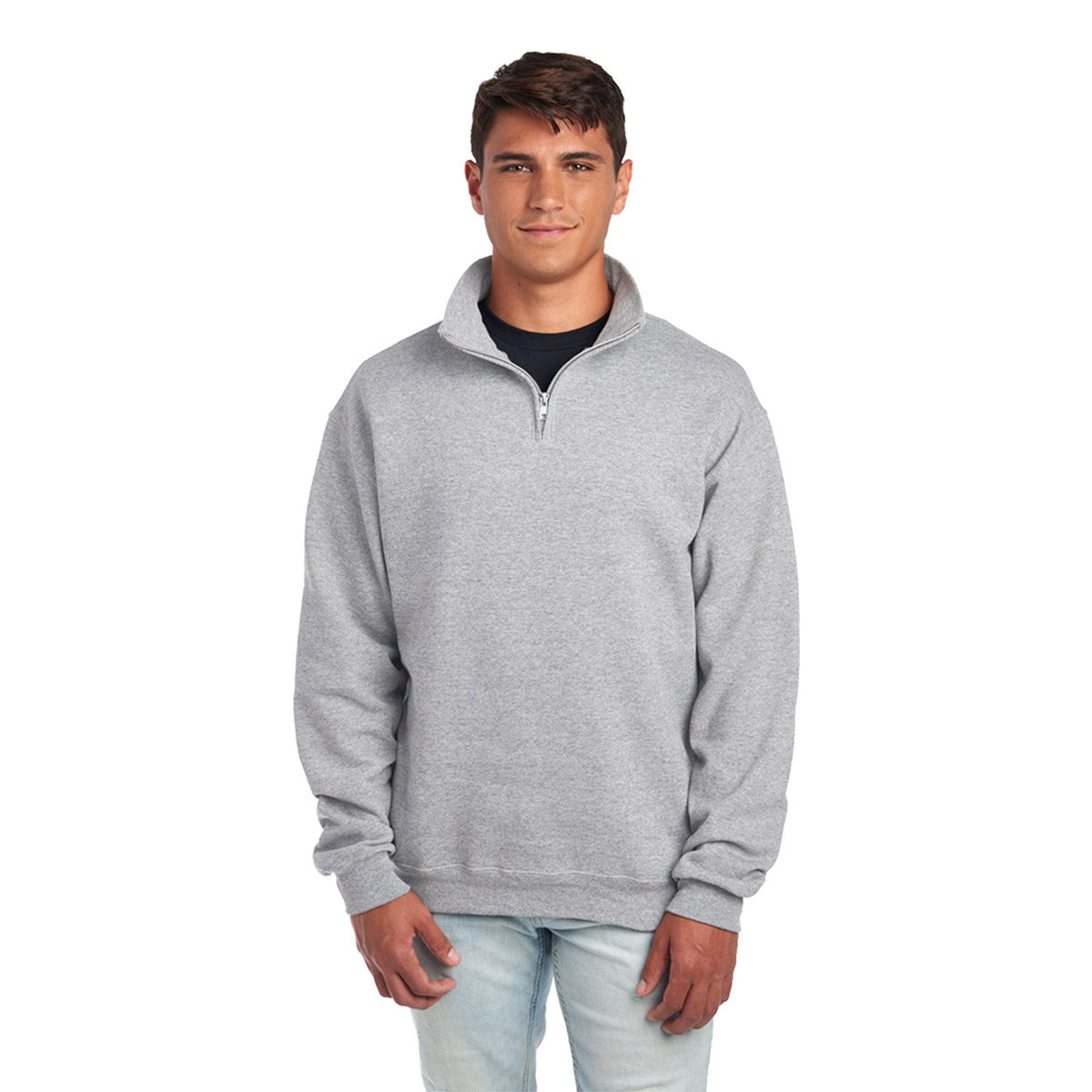 Model wearing a Jerzees NuBlend unisex quarter-zip cadet collar sweatshirt in Oxford gray.