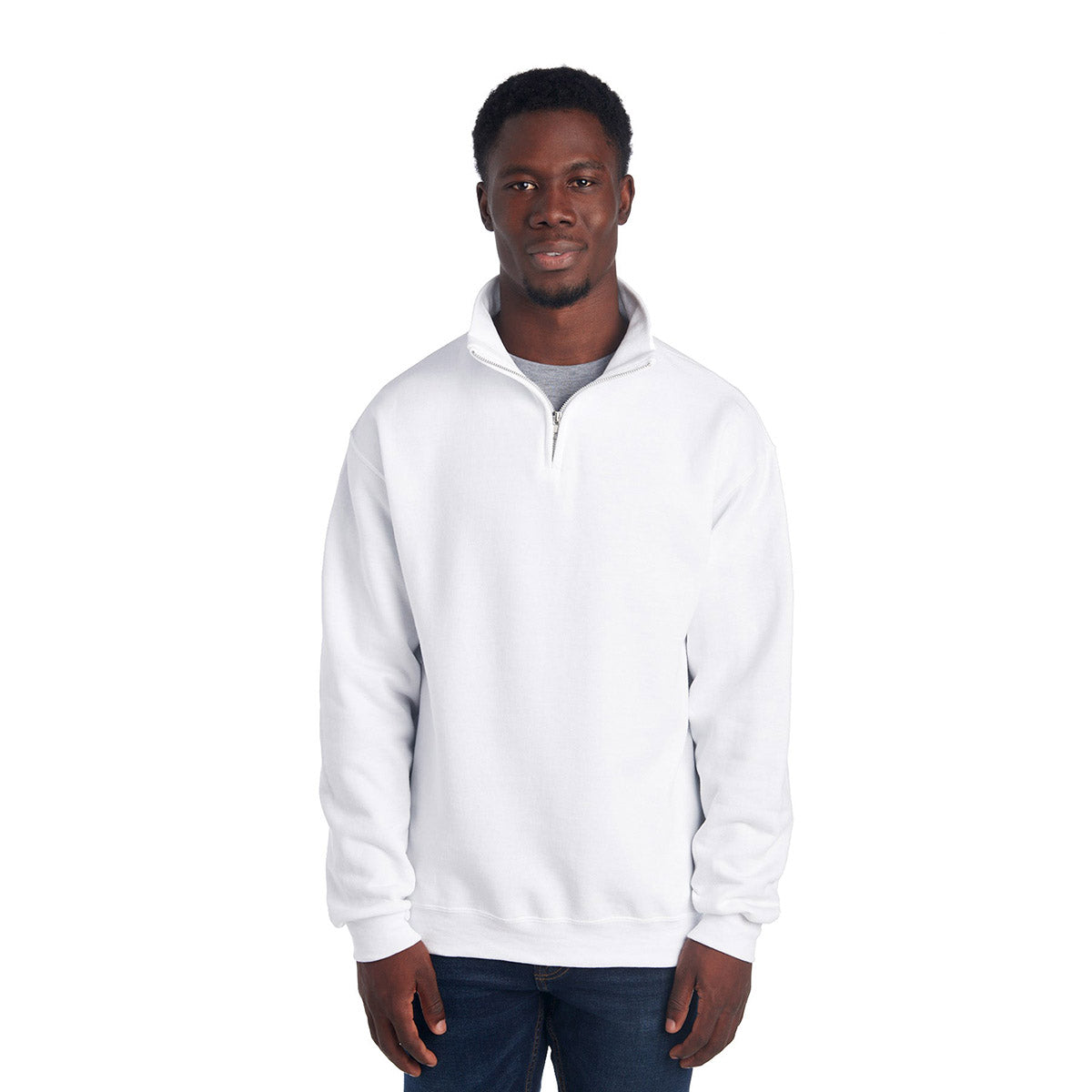 A man wearing a white Jerzees NuBlend unisex quarter-zip cadet collar sweatshirt.
