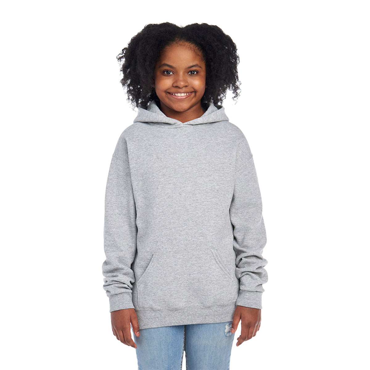 Young girl wearing a gray Jerzees NuBlend® Youth Hooded Sweatshirt in Athletic Heather.