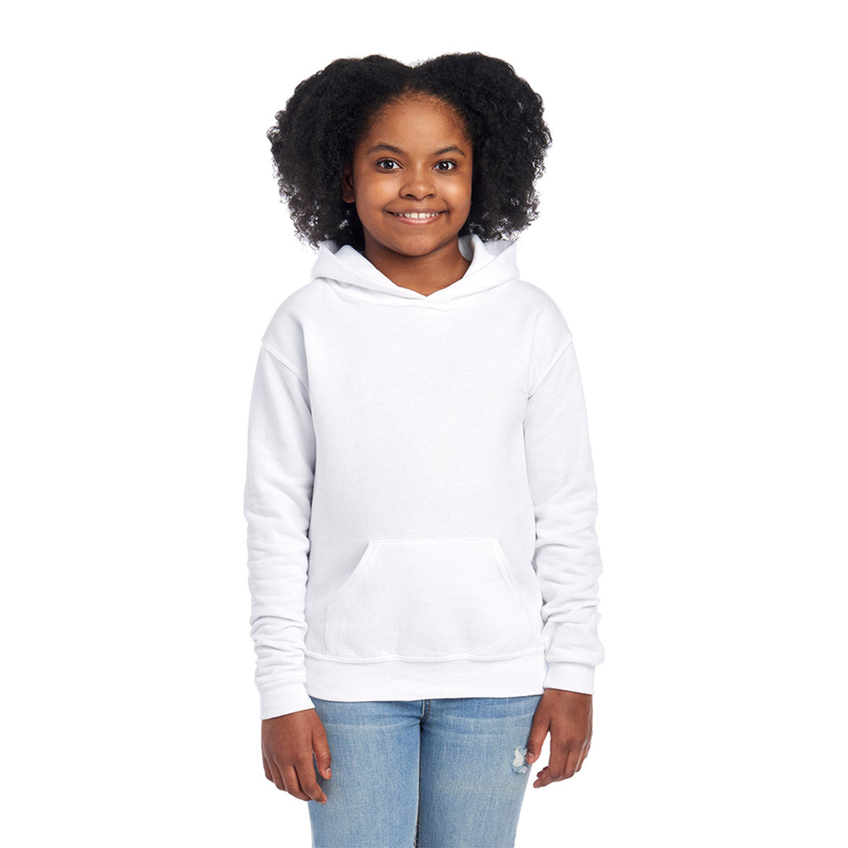 A smiling young girl wearing a white Jerzees NuBlend® Youth Hooded Sweatshirt.