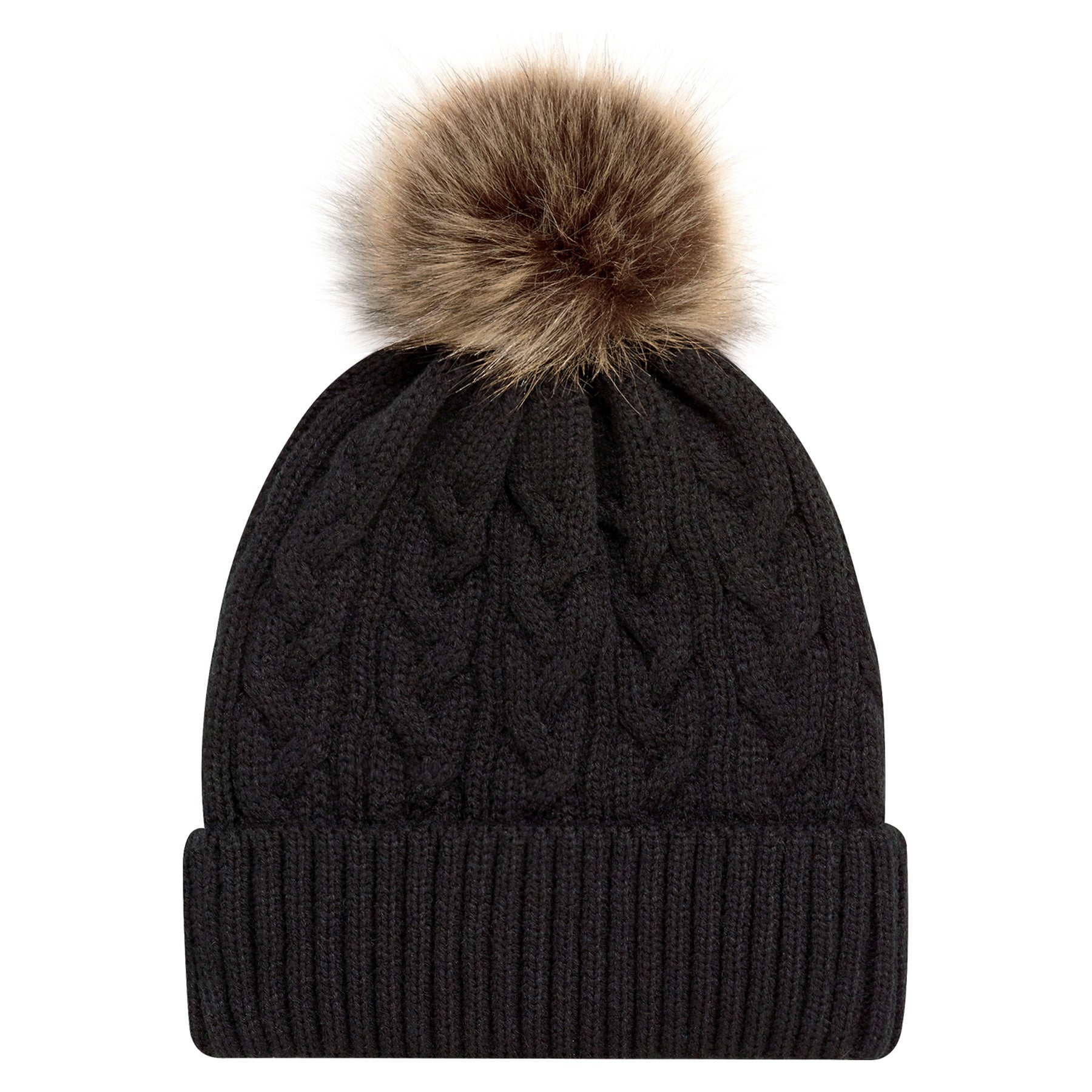 AJM Acrylic Pom Pom Cuff Toque in black with a beige faux fur pom pom.