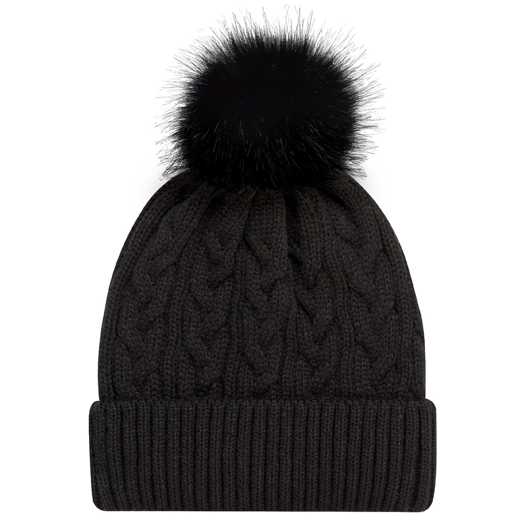 AJM Acrylic Pom Pom Cuff Toque in black, featuring a textured cable knit design and a matching black faux fur pom-pom.