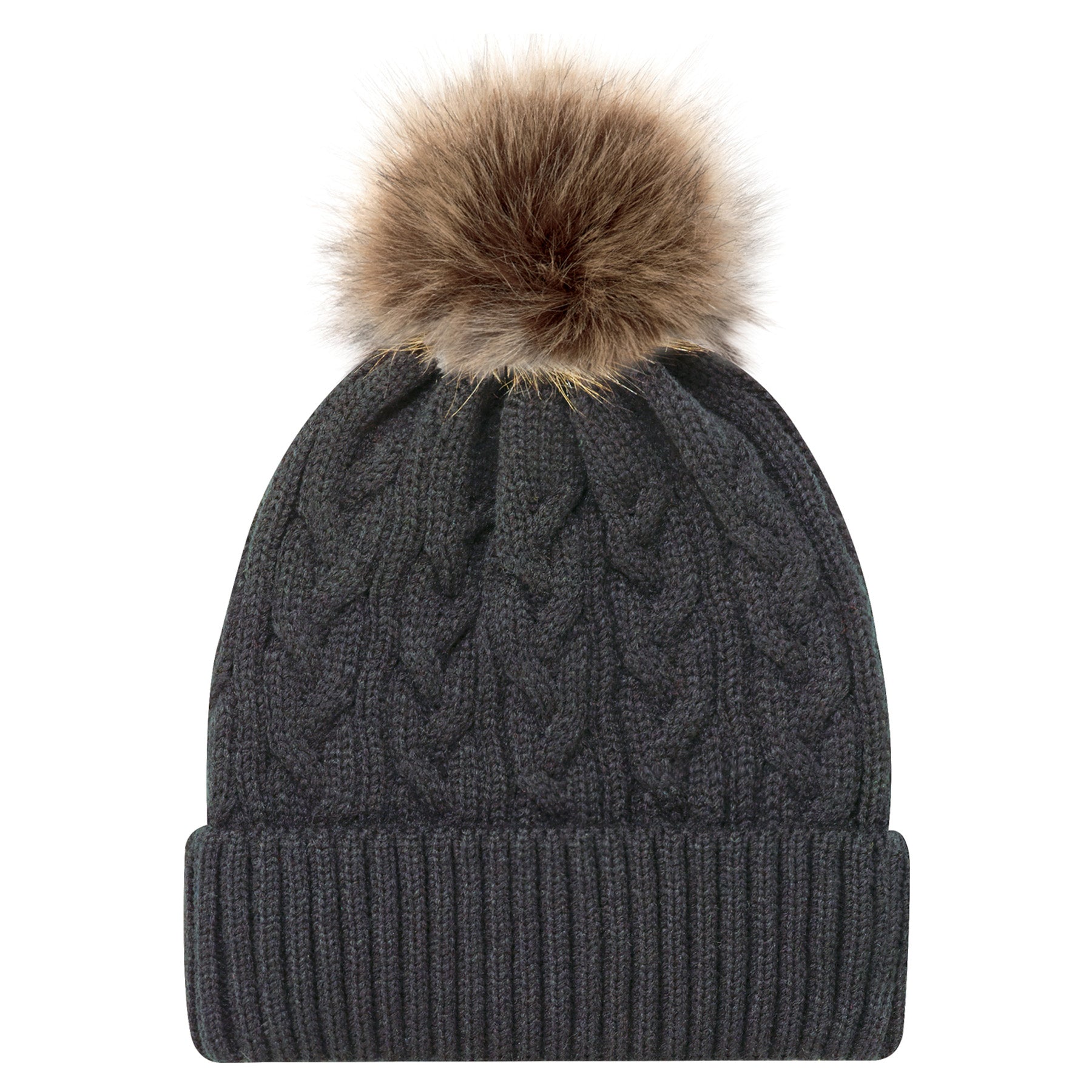 AJM Acrylic Pom Pom Cuff Toque in charcoal with a beige faux fur pom pom.