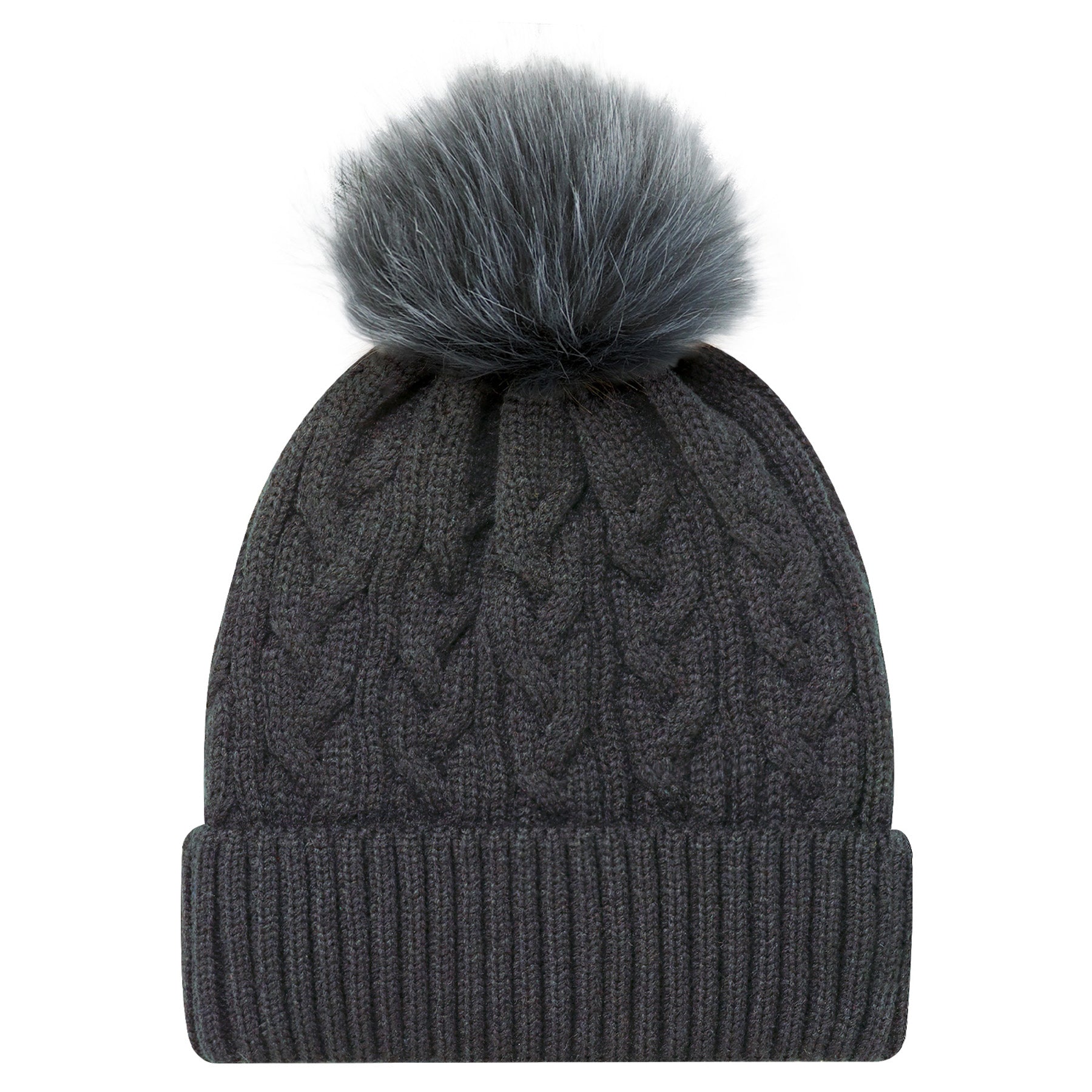 AJM Acrylic Pom Pom Cuff Toque in charcoal with a matching faux fur pom pom top.