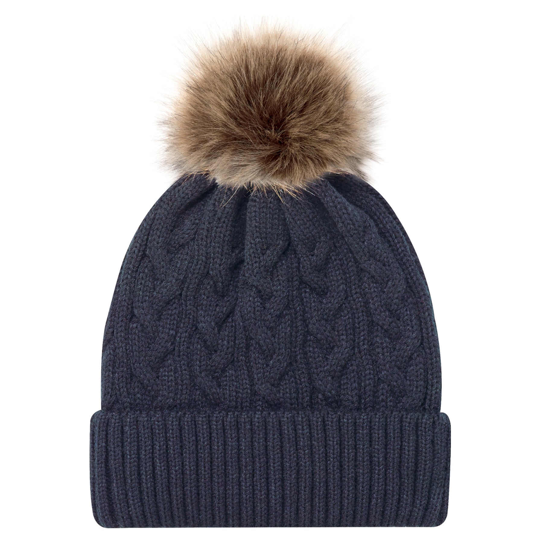AJM Acrylic Pom Pom Cuff Toque in navy with a beige faux fur pom pom.