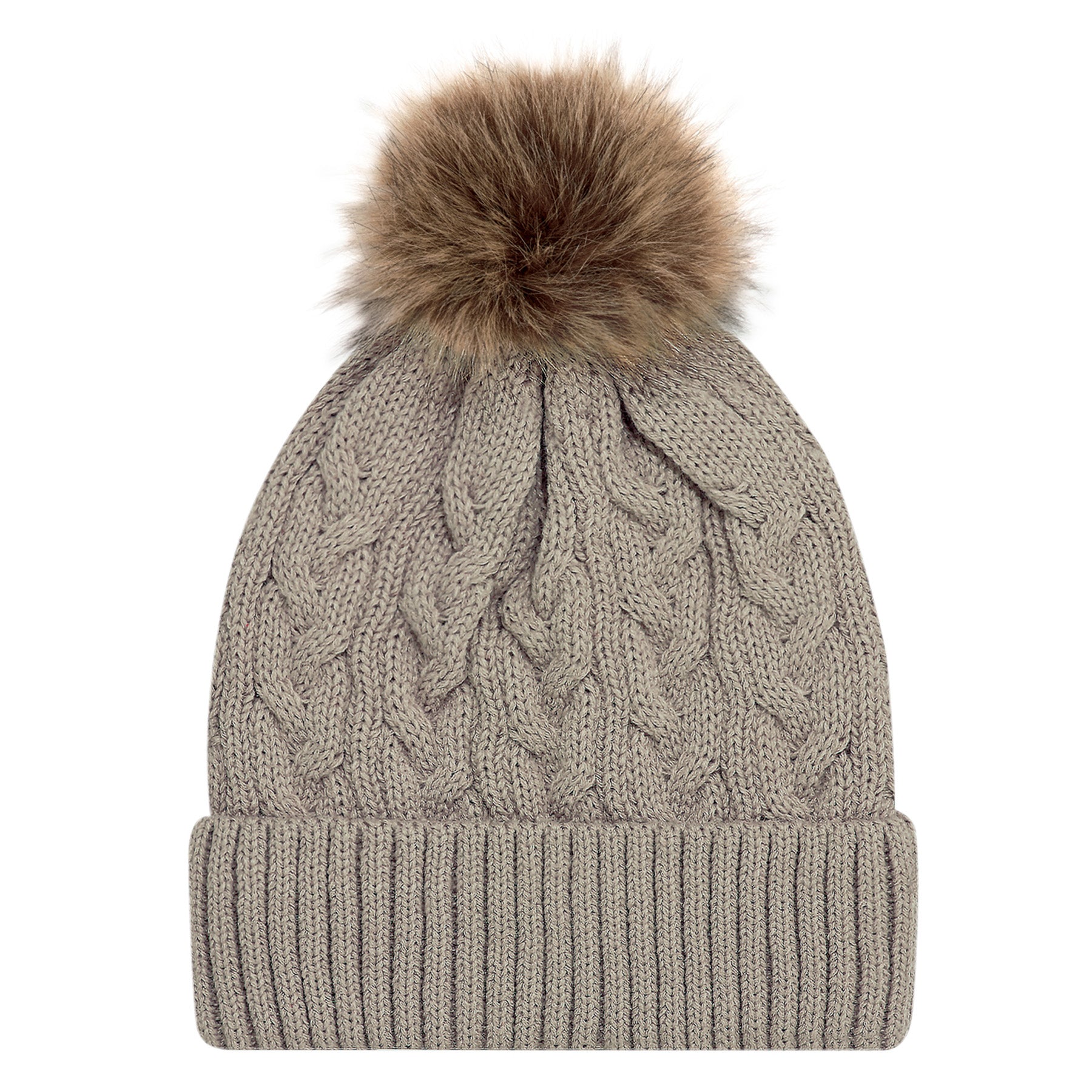 AJM Acrylic Pom Pom Cuff Toque in oatmeal beige featuring a cable knit design and a faux fur pom pom top.