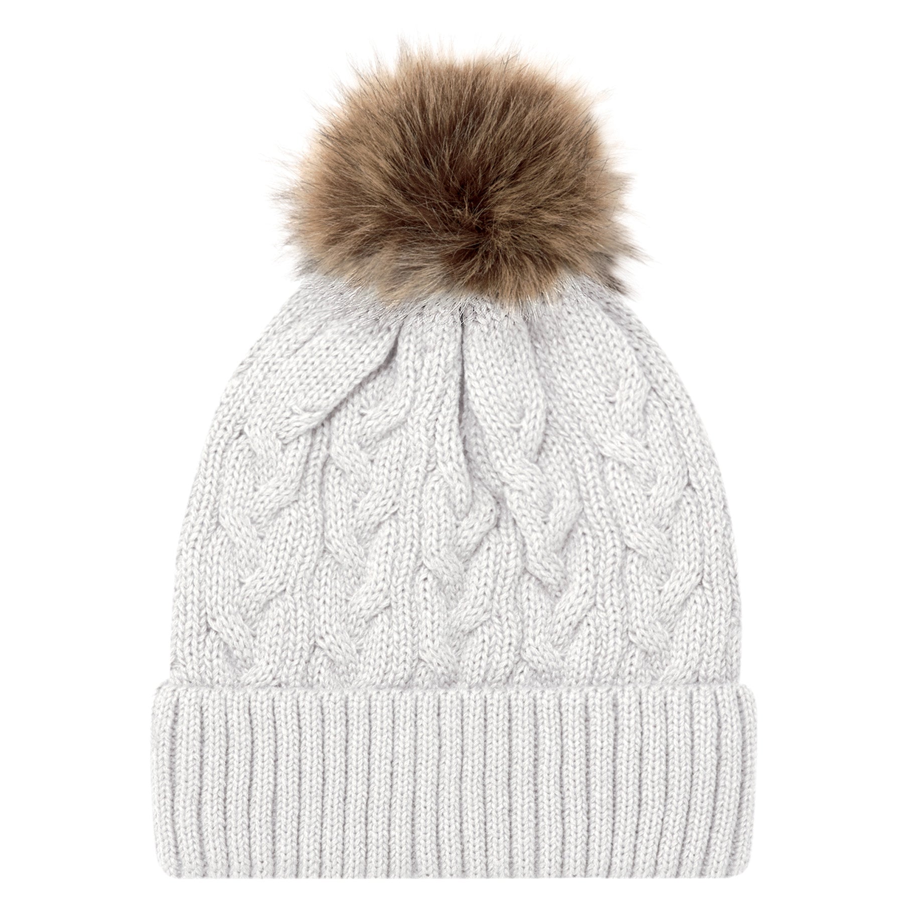 White AJM Acrylic Pom Pom Cuff Toque with a brown faux fur pom pom.