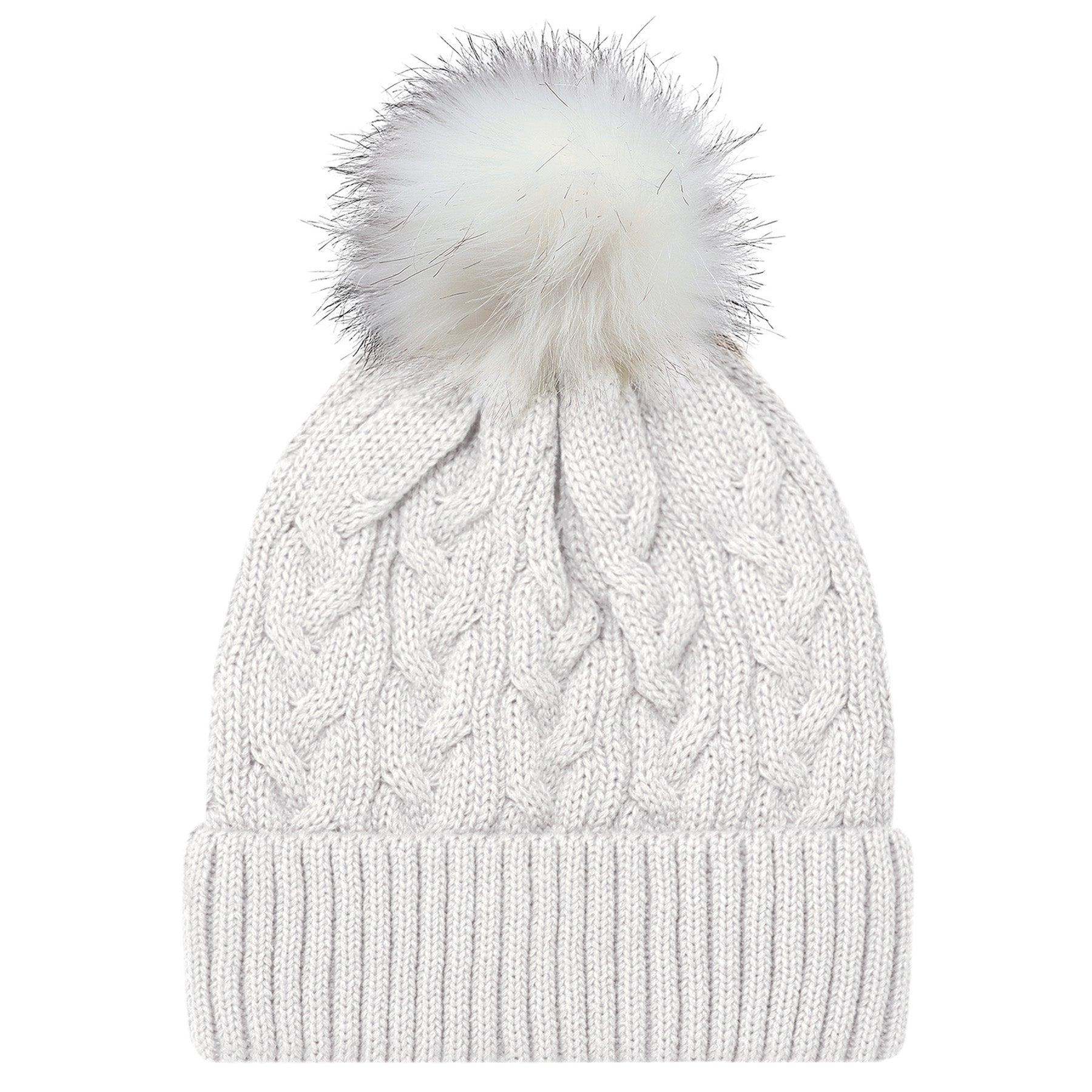 AJM Acrylic Pom Pom Cuff Toque in white with a matching faux fur pom pom top.