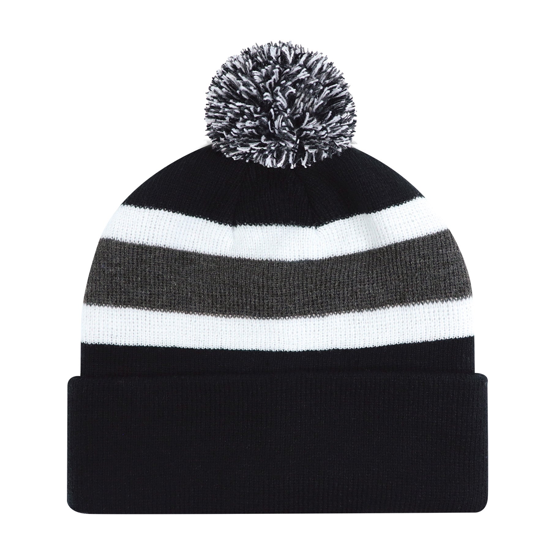 AJM Acrylic Stripe Pom Pom Cuff Toque in black, charcoal, and white with a matching knit pom pom.