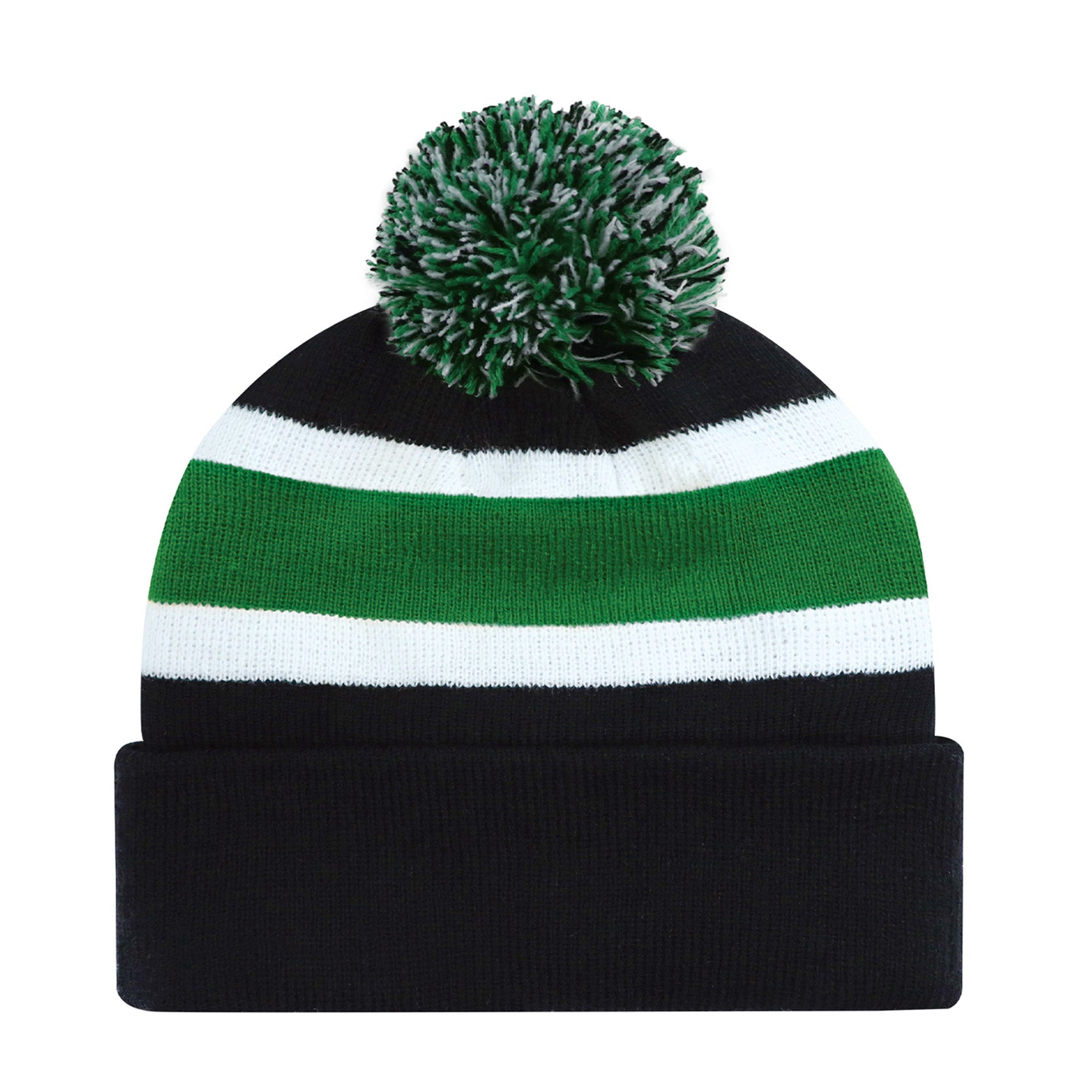 AJM Acrylic Stripe Pom Pom Cuff Toque in black, kelly green, and white with a multi-colored yarn pom pom.