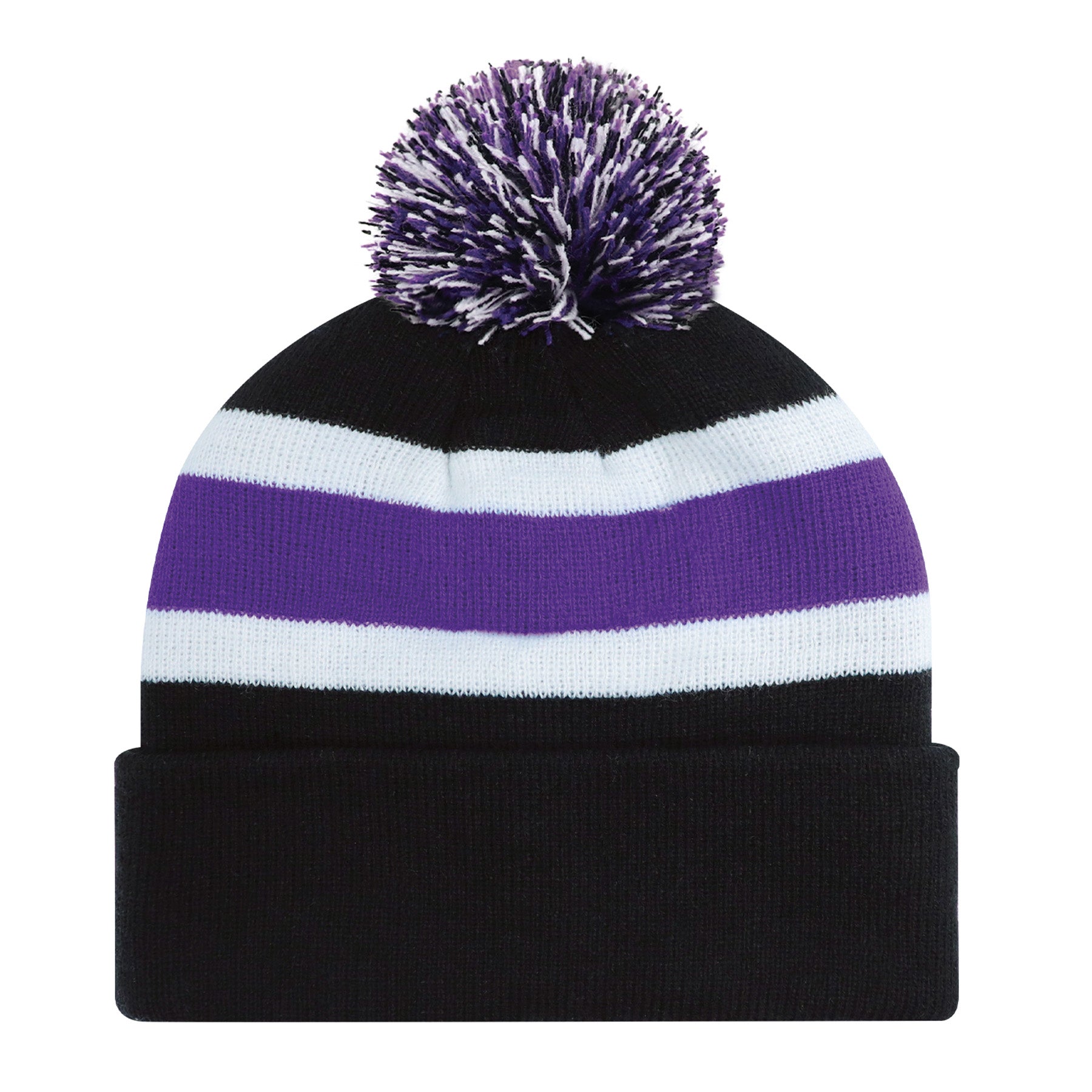 AJM Acrylic Stripe Pom Pom Cuff Toque in black, purple, and white with a matching multi-colored pom-pom.