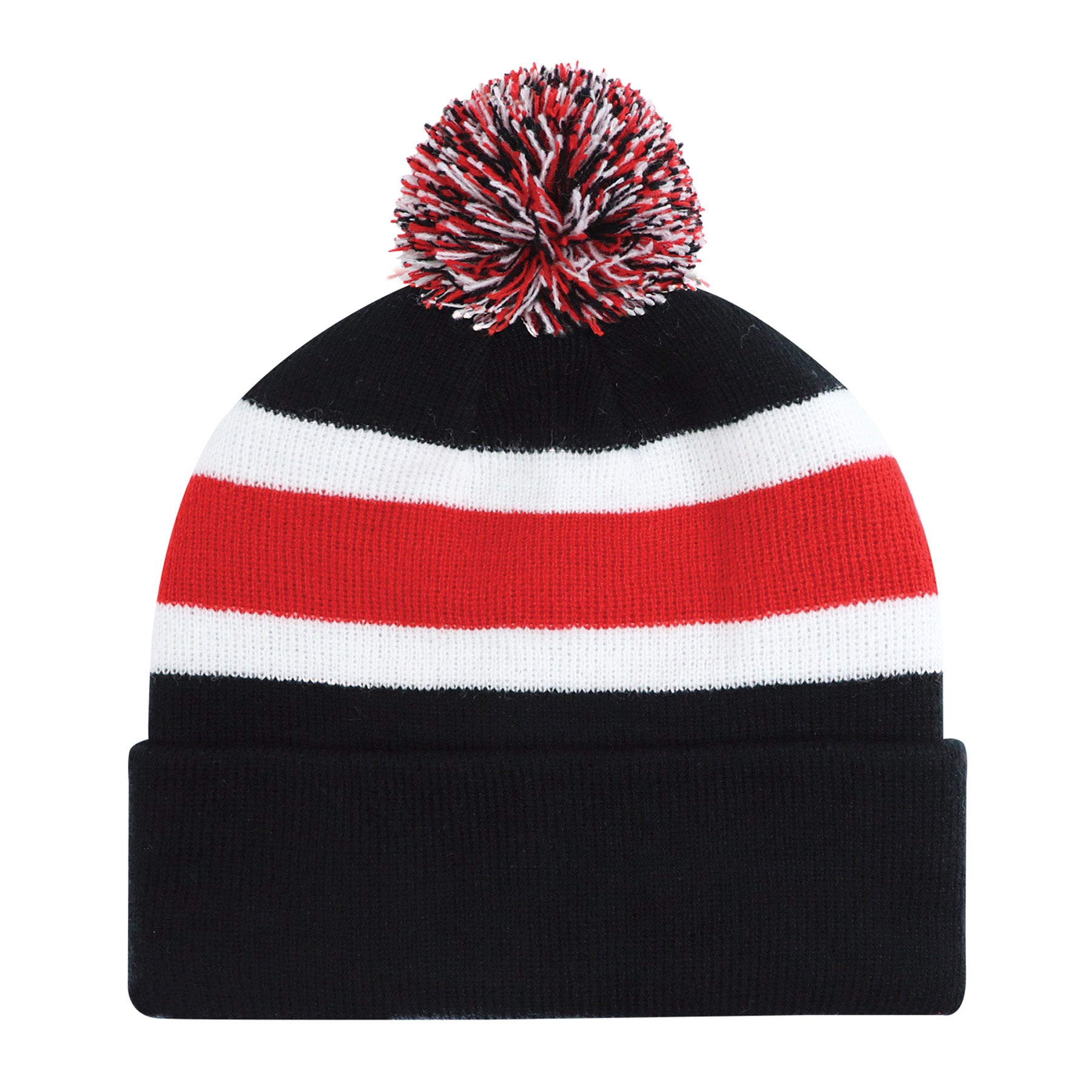 AJM Acrylic Stripe Pom Pom Cuff Toque in black, red, and white with a multi-colored pom pom topper.