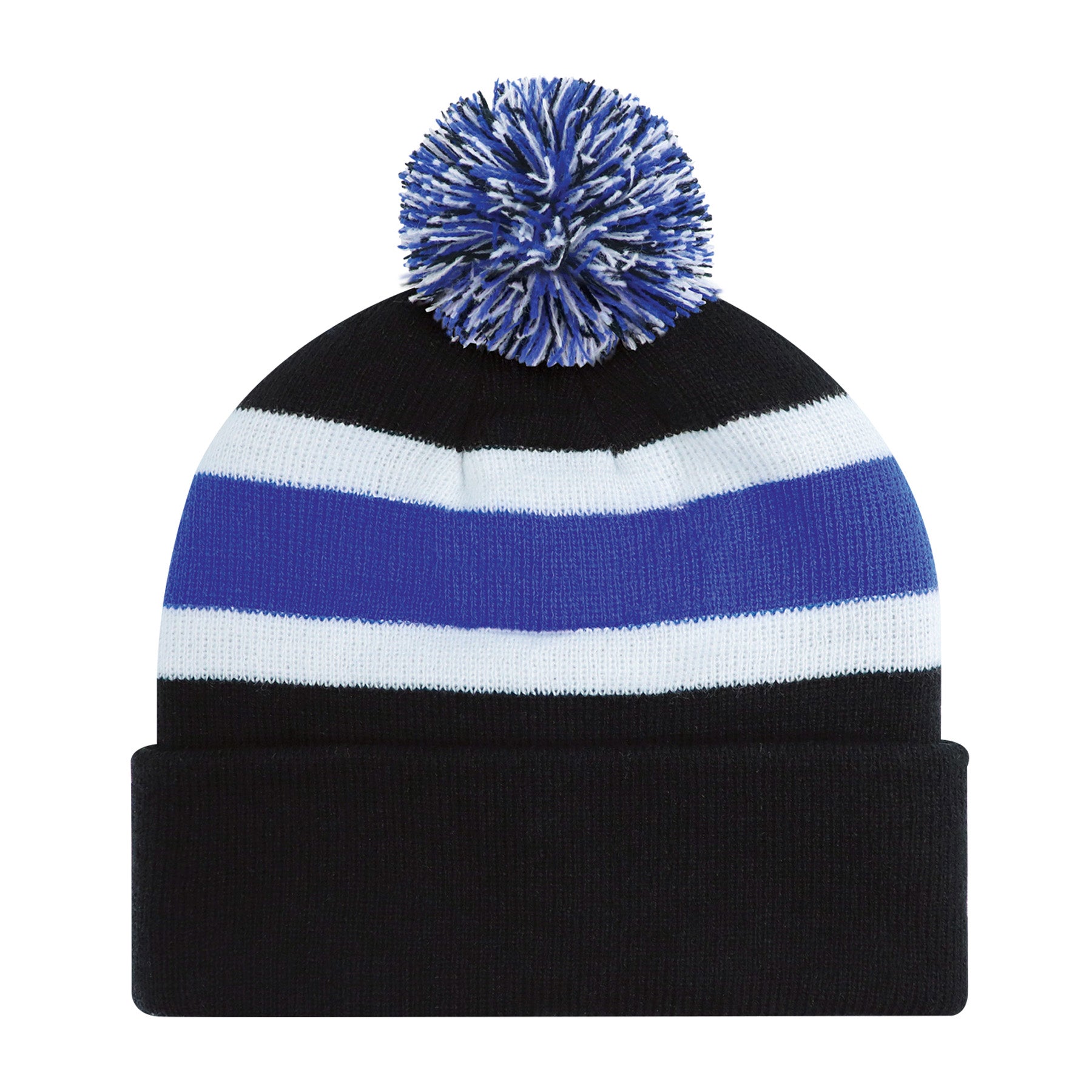 AJM Acrylic Striped Pom Pom Cuff Toque in black, royal, and white.